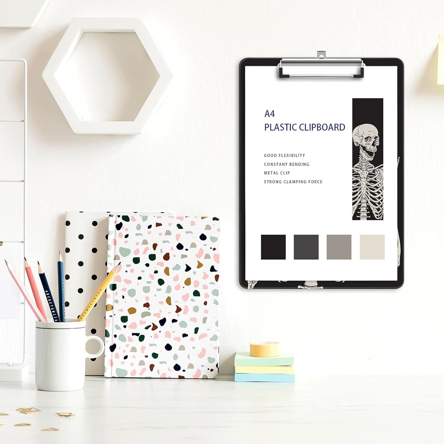 Plastic A4 Clipboards, Cute Clip Board Stardard Letter Size 9 x 12.5 in, Office Decorative for Students Women Men and Kids, Skeleton