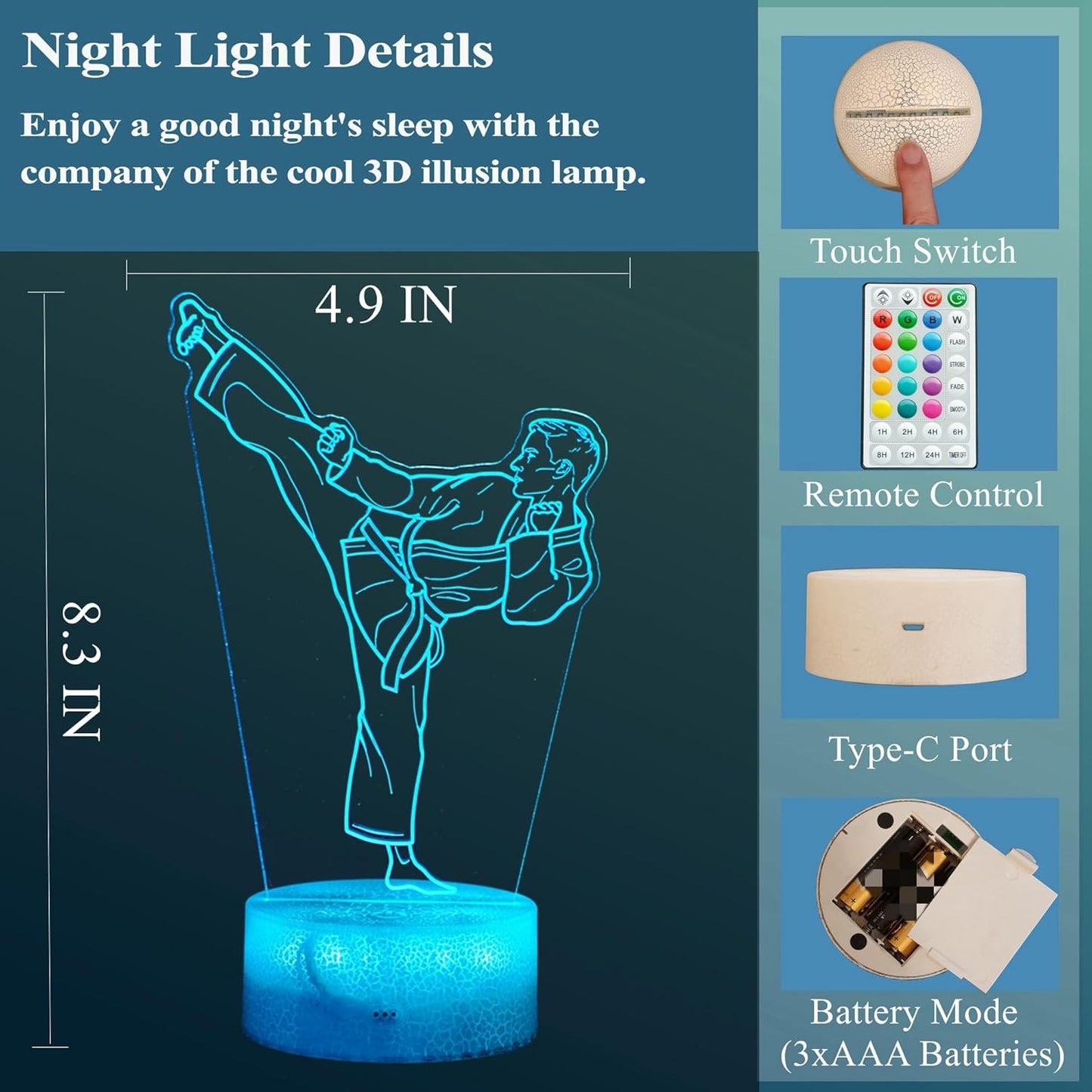 Karate Night Light, Karate Gifts, Taekwondo 3D Illusion Lamp with 16 Colors Changing, Timer, 4 Flash Modes and Dimmable, Kids Boys Girls Room Decoration, Holiday Xmas Gifts