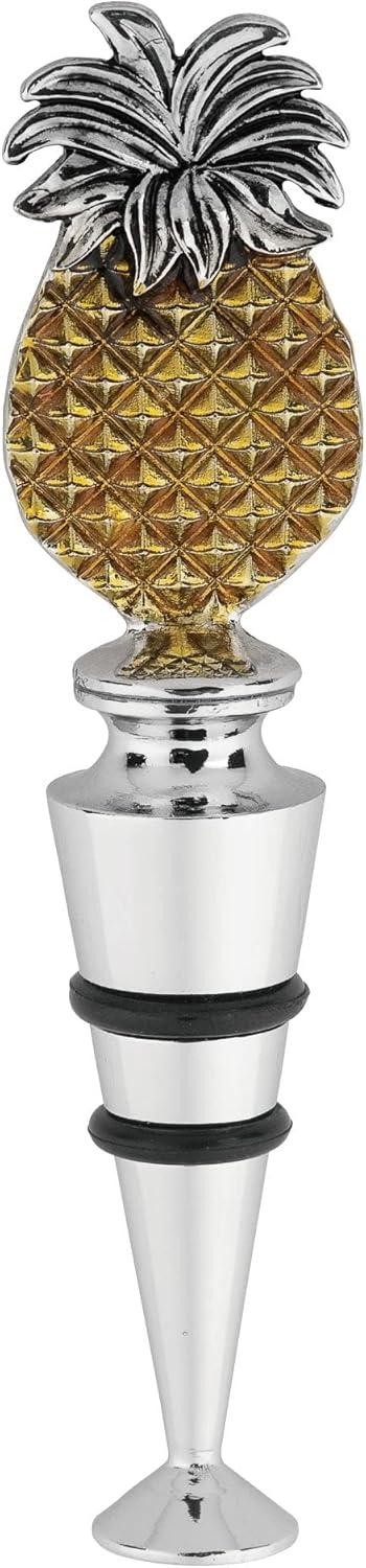 Supreme Housewares Pineapple-Shaped Zinc Alloy Wine Bottle Stopper - Reusable Beverage Preserver for Wine, Champagne, and Sparkling Drinks - Silver and Yellow, 4.75 Inch Tall