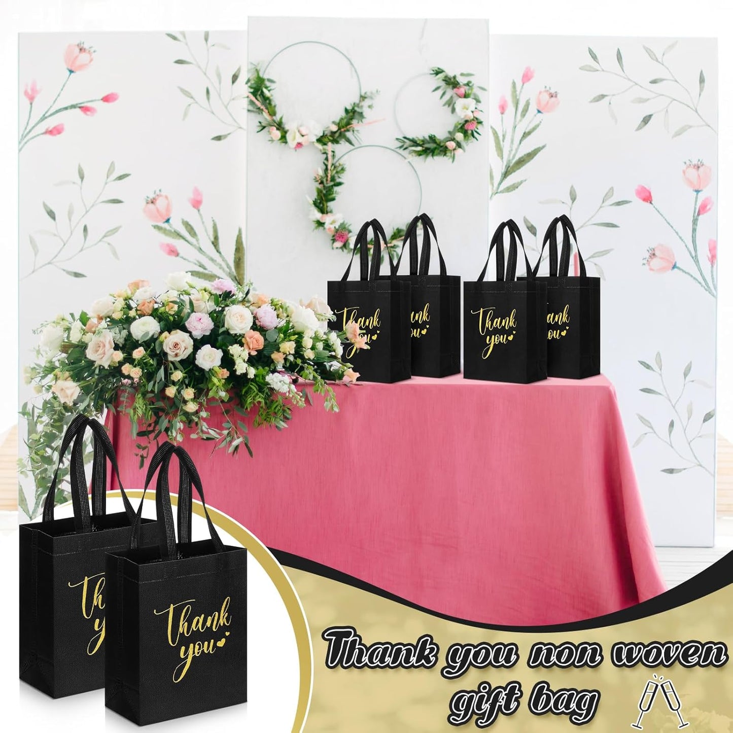 Sweetude 30 Pcs Thank You Gift Bags with Handles Bulk Reusable Goodie Bag Non Woven Foldable Handbag for Graduation Wedding Bridesmaid Gifts(10 x 8 x 4 Inch,Black)