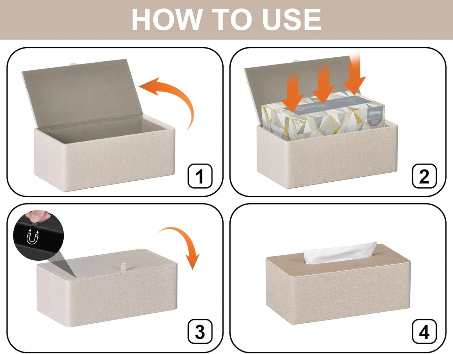 Tissue Box Cover Rectangular 9.8"(L) x 5.3"(W) x 4.3"(H) Refined Modern PU Leather Facial Tissue Dispenser Box Holder for Dresser Bathroom Decorative (Beige)