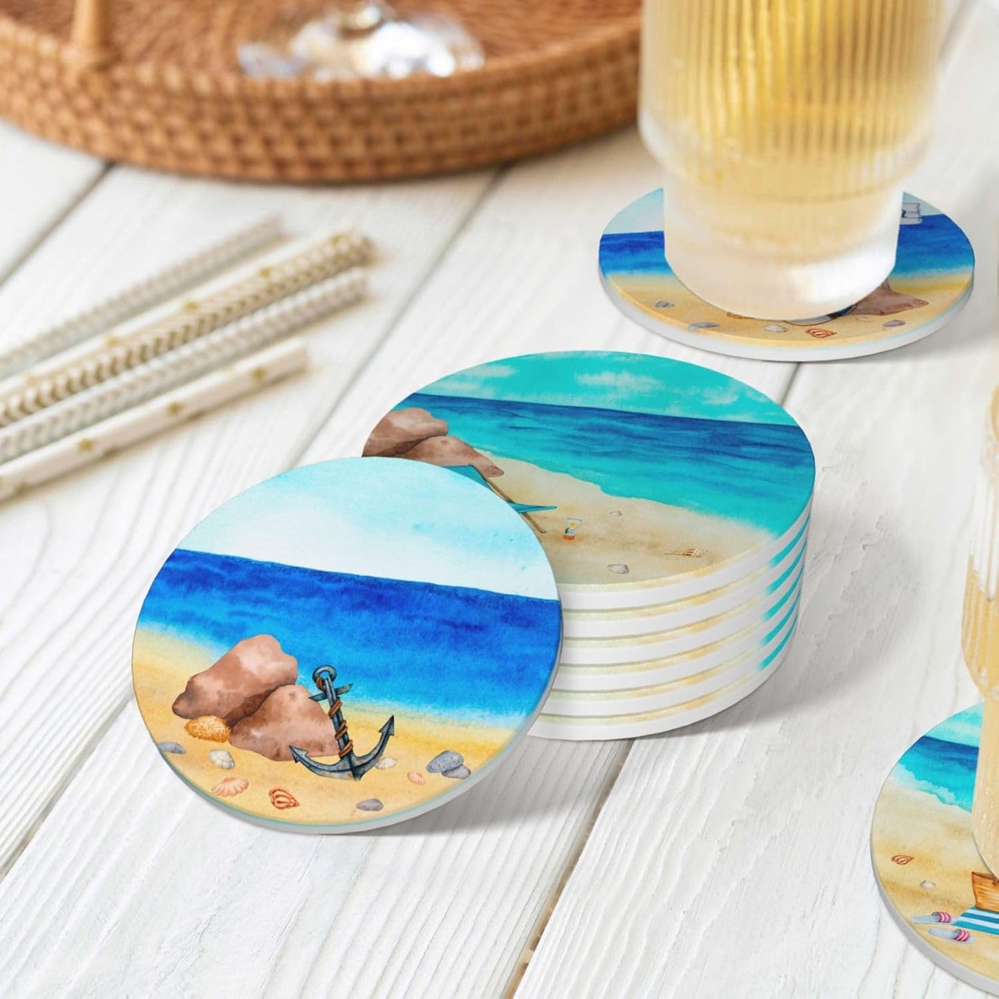 Summer Coastal Beach Theme Absorbent Drink Coasters with Holder, Set of 6 Ceramic Ocean Coasters with Cork Base for Table Decor
