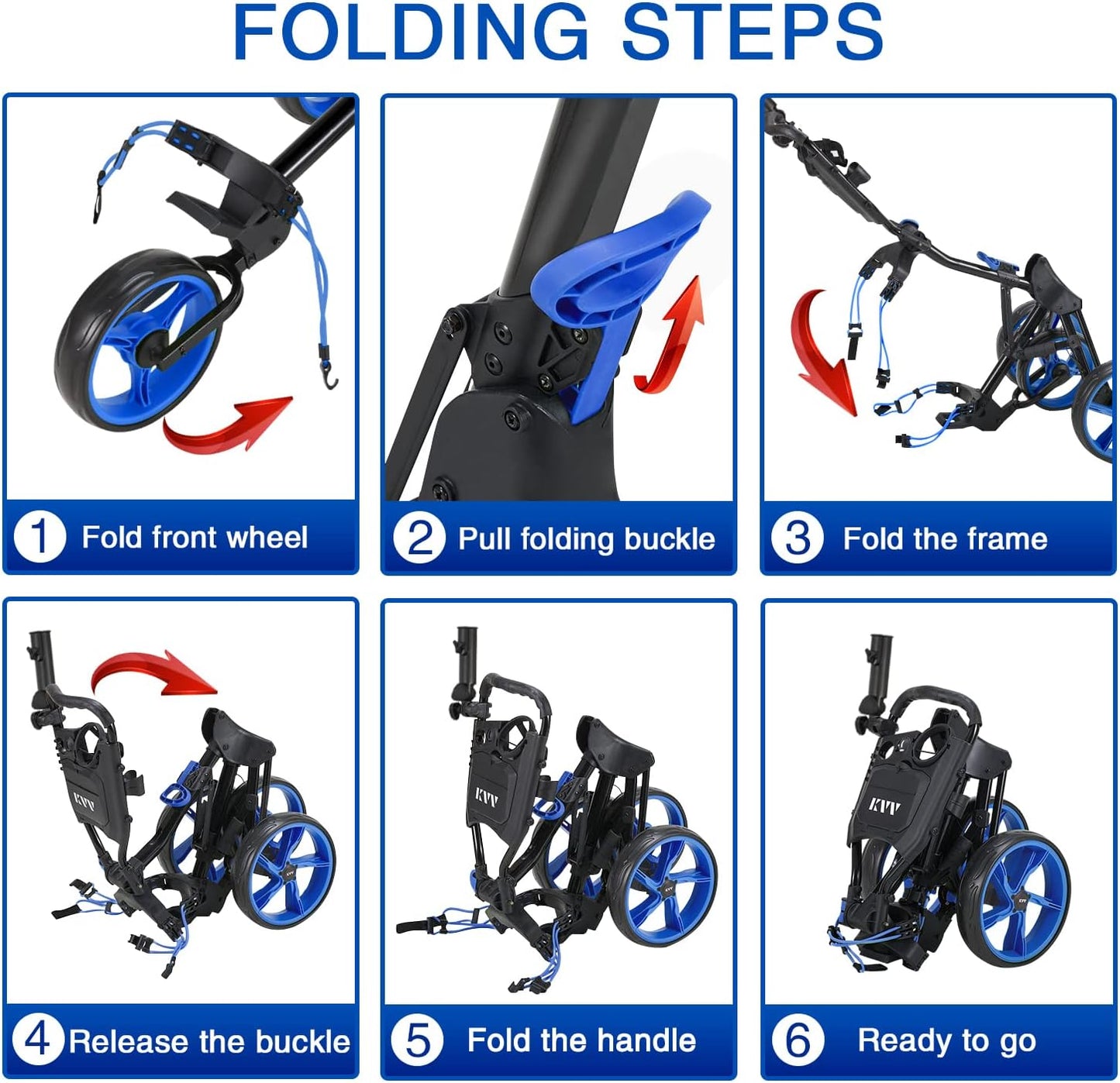 KVV 3 Wheel Golf Push Cart Ultra Lightweight Smallest Folding Size, New-Version Scorecard Holder