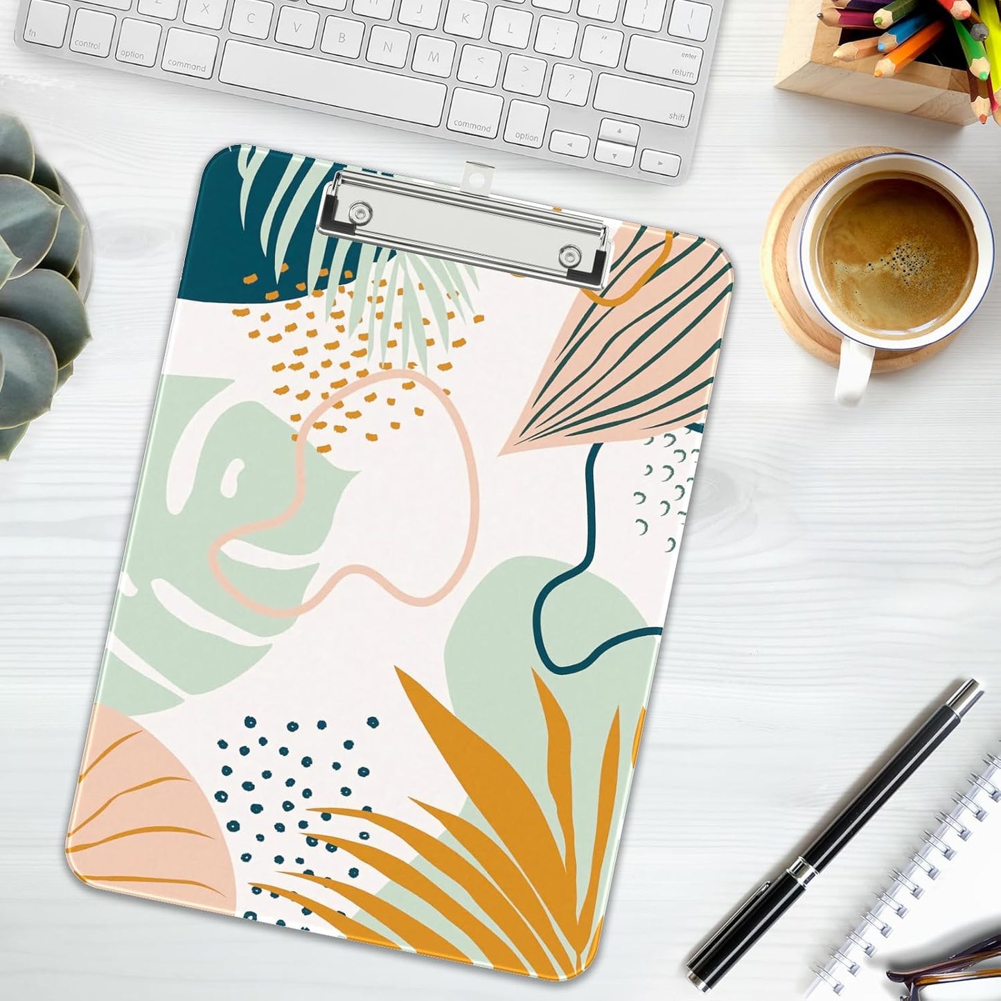 Rimilak Plastic Clipboards with Metal Clip, A4 Letter Size 9 x 12.5 in, Office Decorative for Students Women Men and Kids, Cute Custom Pattern, Bohe Leaves