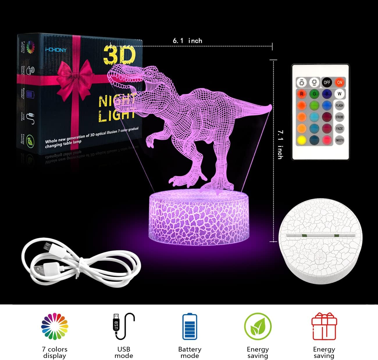 i-CHONY Dinosaur Toy T-Rex 3D Night Light for Kids - 16 Color Dimmable LED Light with Remote & Smart Touch & USB Cable - Gift for Adults, Teens, Boys, Girls Birthday
