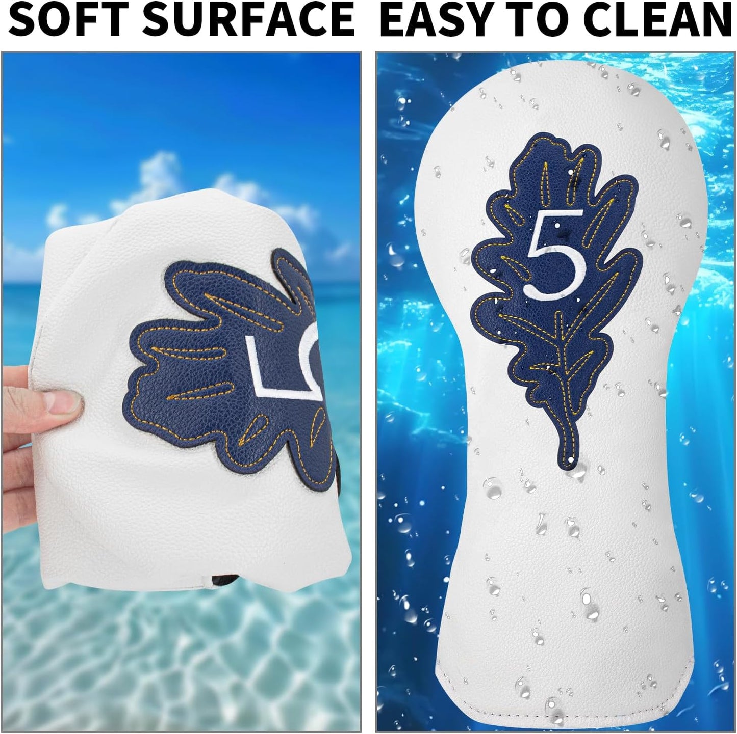 Golf Maple Leaves Head Cover Golf Club White Leather Headcovers Set Fits Driver Fairway Wood Hybrid Utility Putter Iron Wedge Headcover.