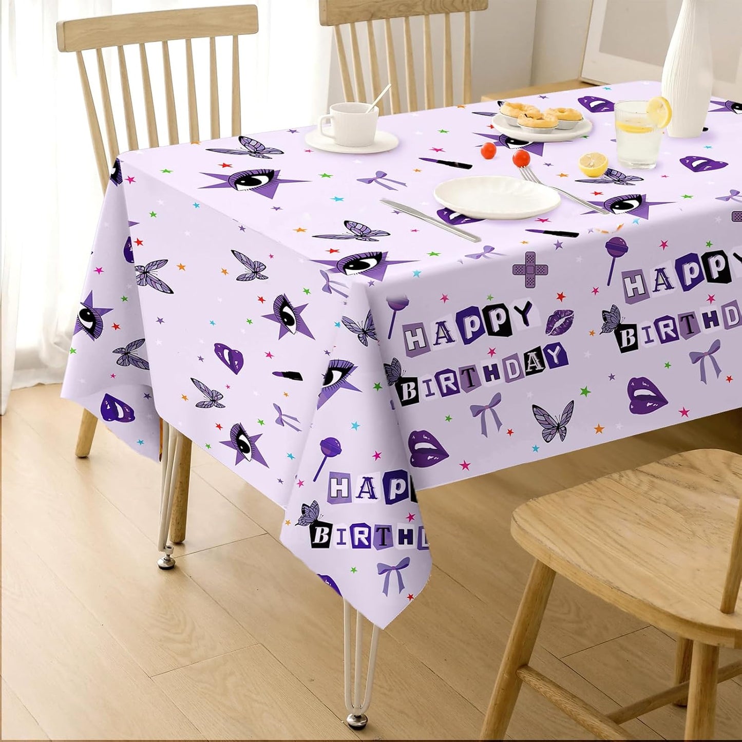Grencian 3Pcs Purple Pop Music Tablecloth Table Cover Plastic Rectangle Table Cloth Music Theme Party Decorations for Girls Vocalist Tour Concert Fans Gathering Party Supplies 54" x 108"