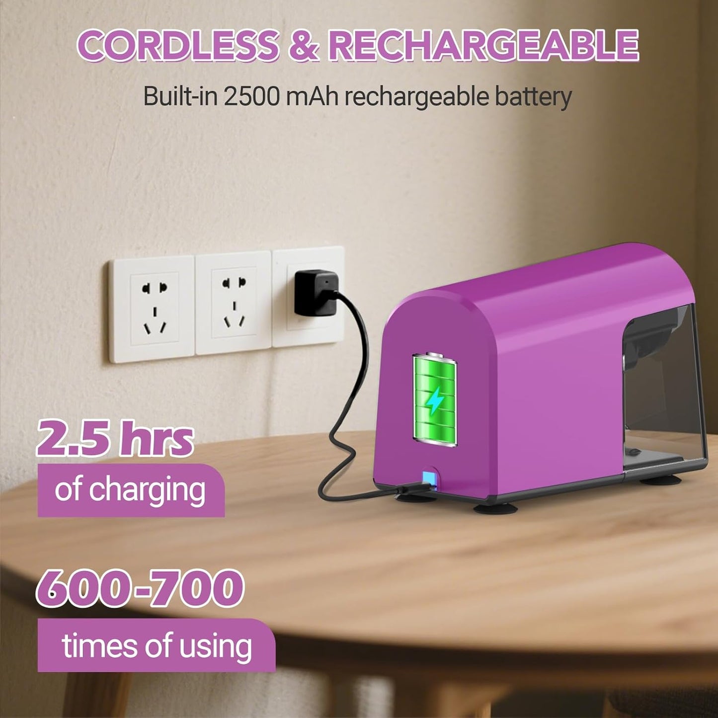 AFMAT PSD2 Electric Pencil Sharpener Heavy Duty, 6 Holes, Cordless & Rechargeable, Fast Sharpen, Auto Stop, 10K+ Uses, Classroom Pencil Sharpener for 6-11mm No.2/Large/Colored Pencils, Purple