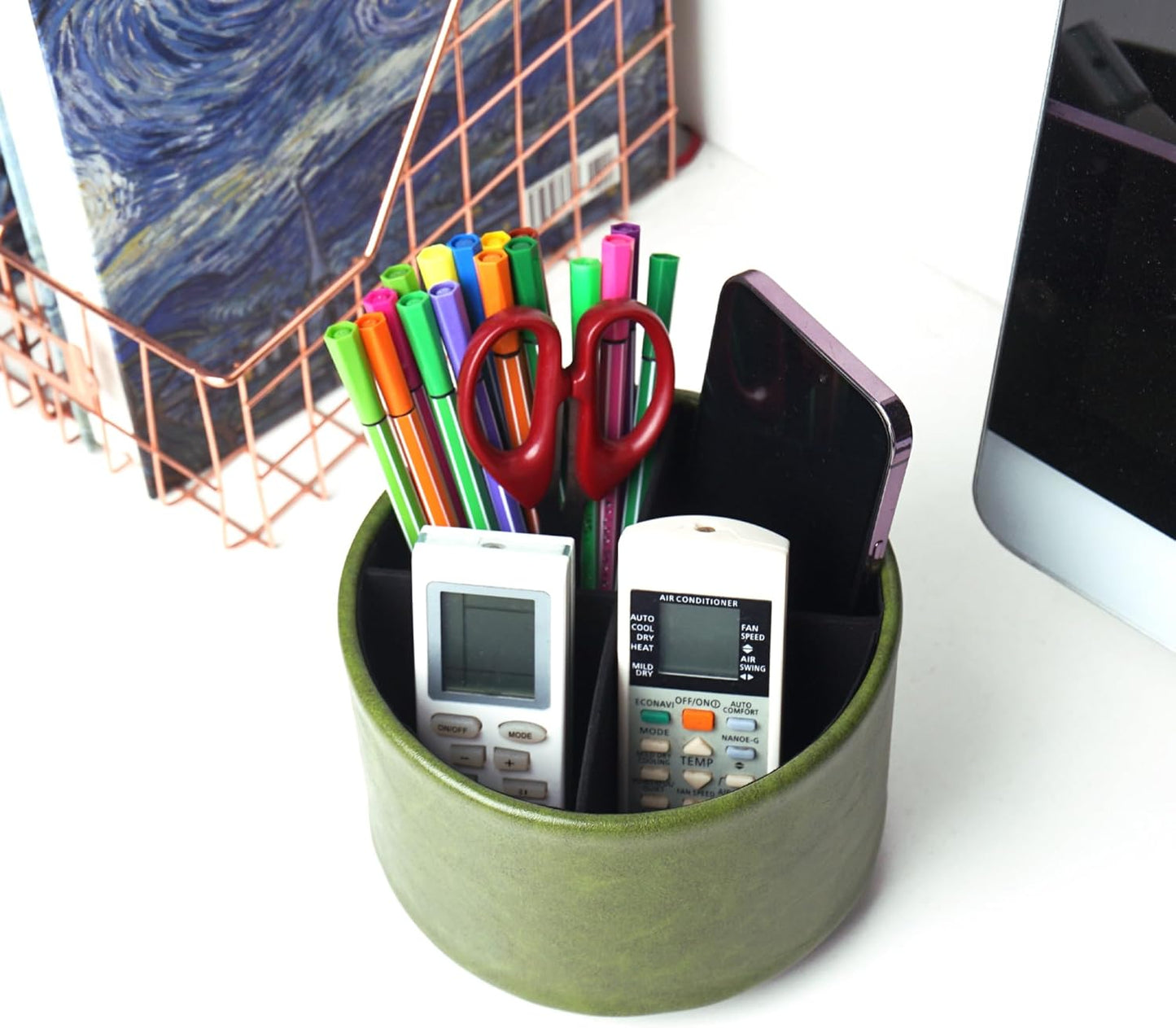 Hennaja Round Leather Art Supply Organizer,Remote Control Holder,360 Degree Spinning,Multi-Functional Pencil Holder,4 Compartments Desktop Stationary Organizer(1-Oil Bamboo)