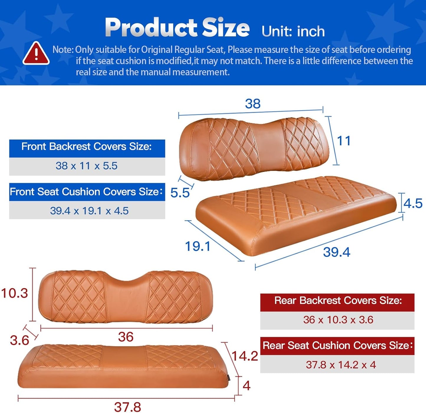 NOKINS 4PCS Golf Cart Diamond Seat Covers Kit, Front and Rear Seat Covers Fits Club Car DS 2000.5-Up Standard Seat Cushion, Club Car DS Vinyl Seat Covers Accessories (All Brown)