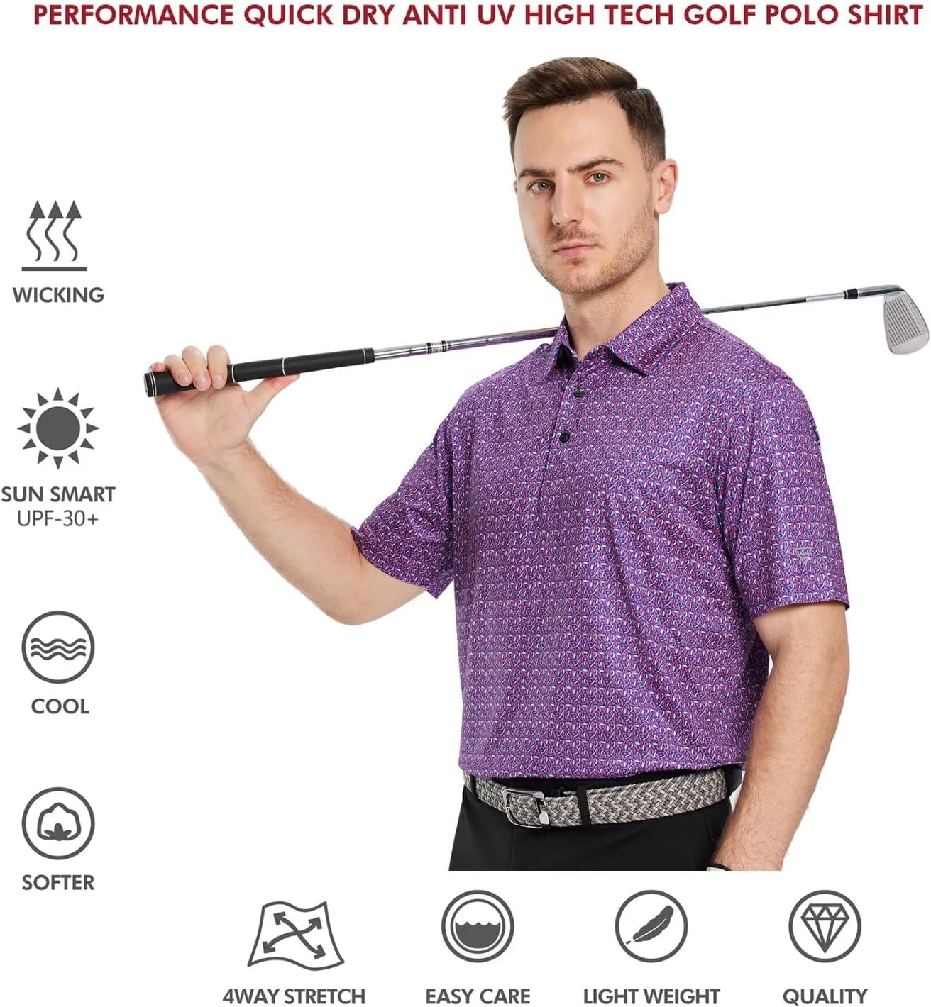 Golf Shirts for Men Dry Fit Short Sleeve Print Performance Moisture Wicking Polo Shirt