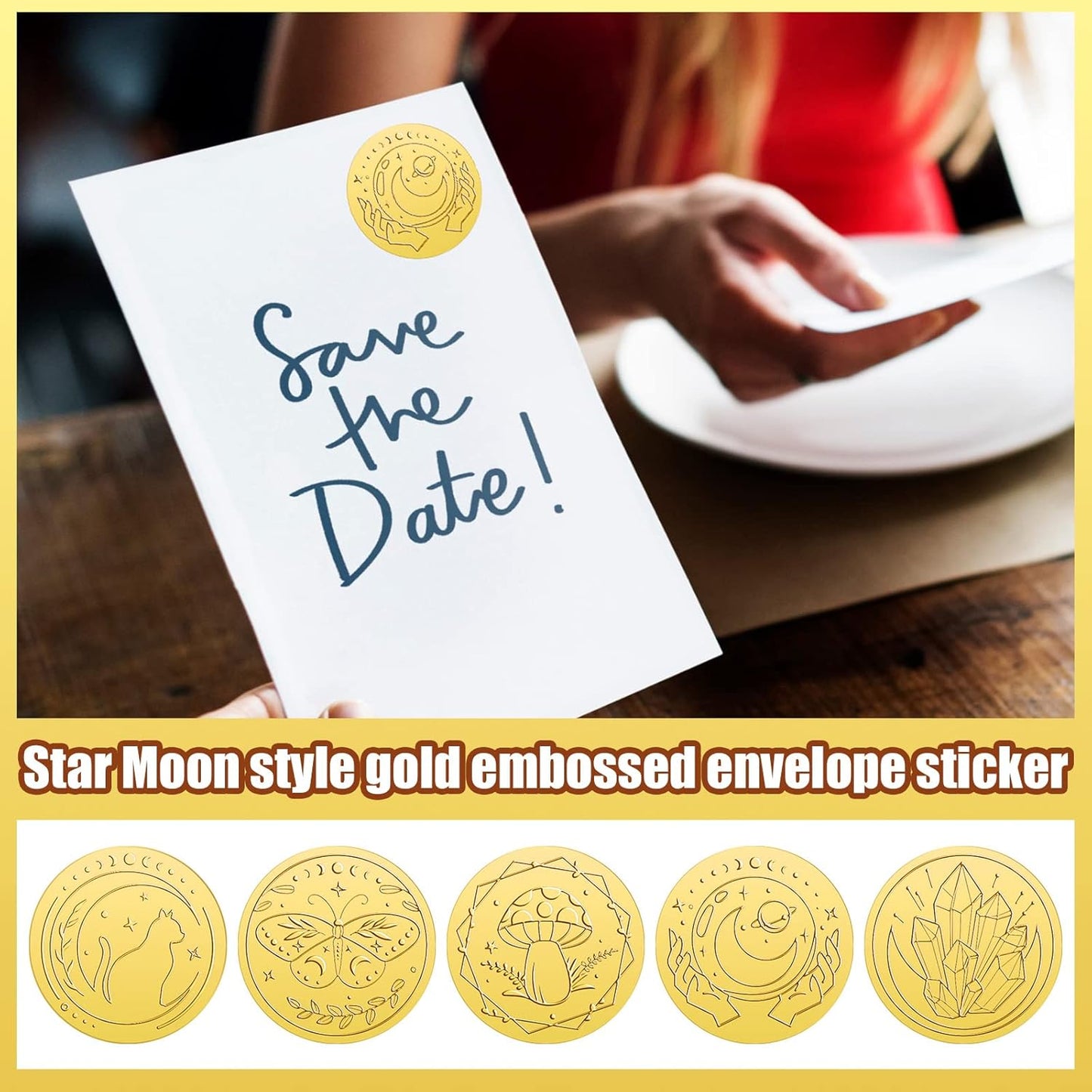 Chinco 500 Pieces Gold Embossed Envelope Seals Stickers Adhesive Seal Stickers Vintage Embossed Foil Certificate Kit Plant DIY Labels for Wedding Invitations Envelopes, 5 Patterns(Witchcraft Style)