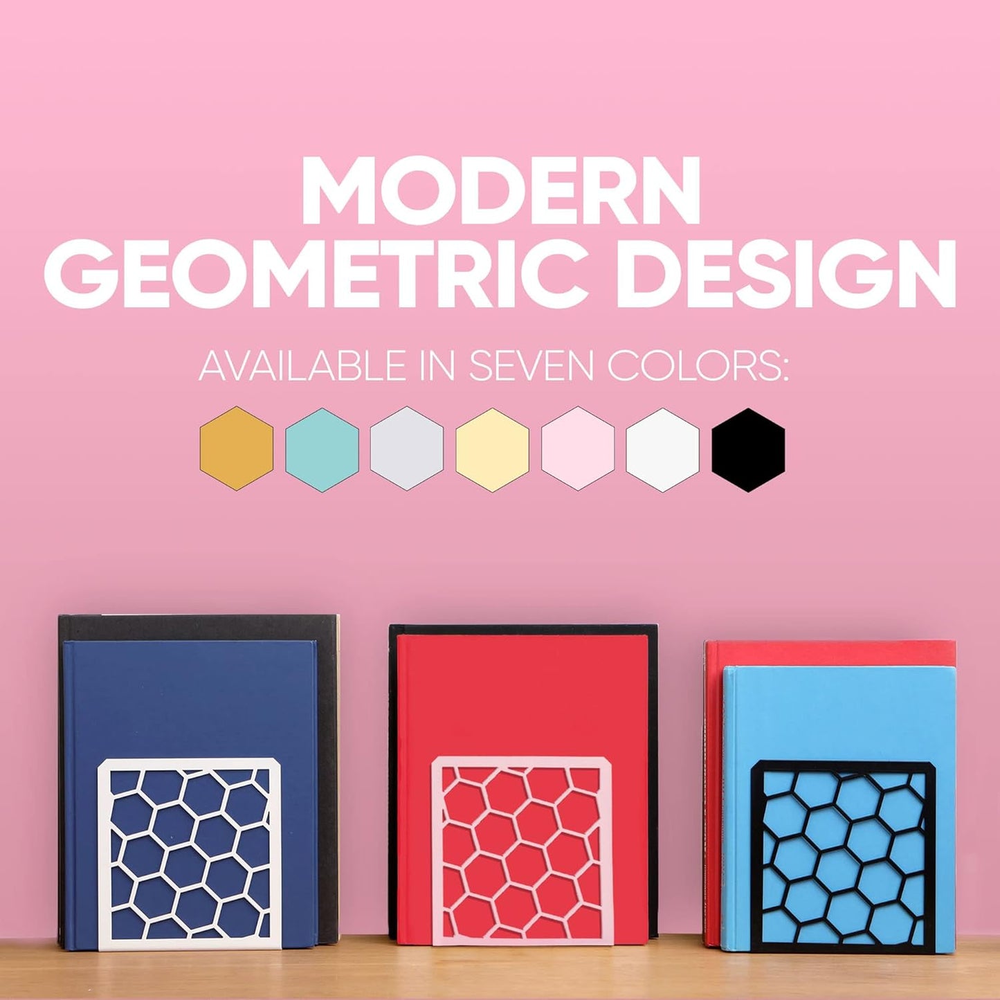 GEOMOD Geometric Honeycomb Pink Metal Bookends Decorative - Tall Sturdy Book Ends for Shelves - Modern Heavy Duty Bookend Stopper - Office or Home Book Shelf Book Holder - 6x3.25x6.25 Inches - 1 Pair