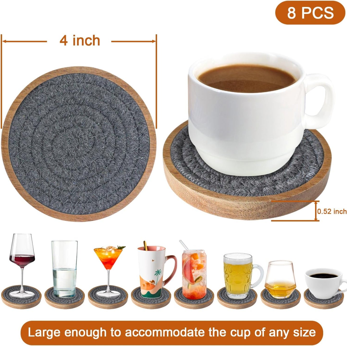 Coasters for Drinks Absorbent Sets of 8, Woven Coasters with Holder, Wood Coasters for Coffee Table, Housewarming Gift for Farmhouse Home Decor, 4 inches Gray