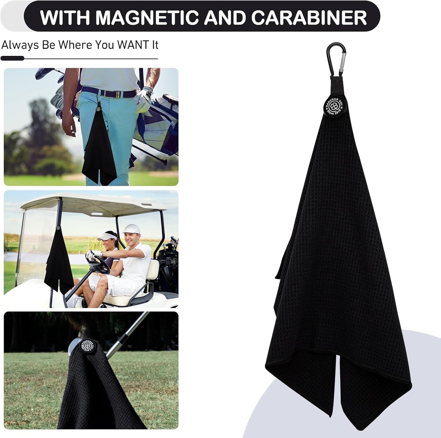 Magnetic Golf Towel for Men Women Golfer - Black Microfiber Golf Towel Magnet with Waffle Texture - Strengthen Magnet Golf Towels for Stong Hold to Golf Clubs Carts Metal Objects