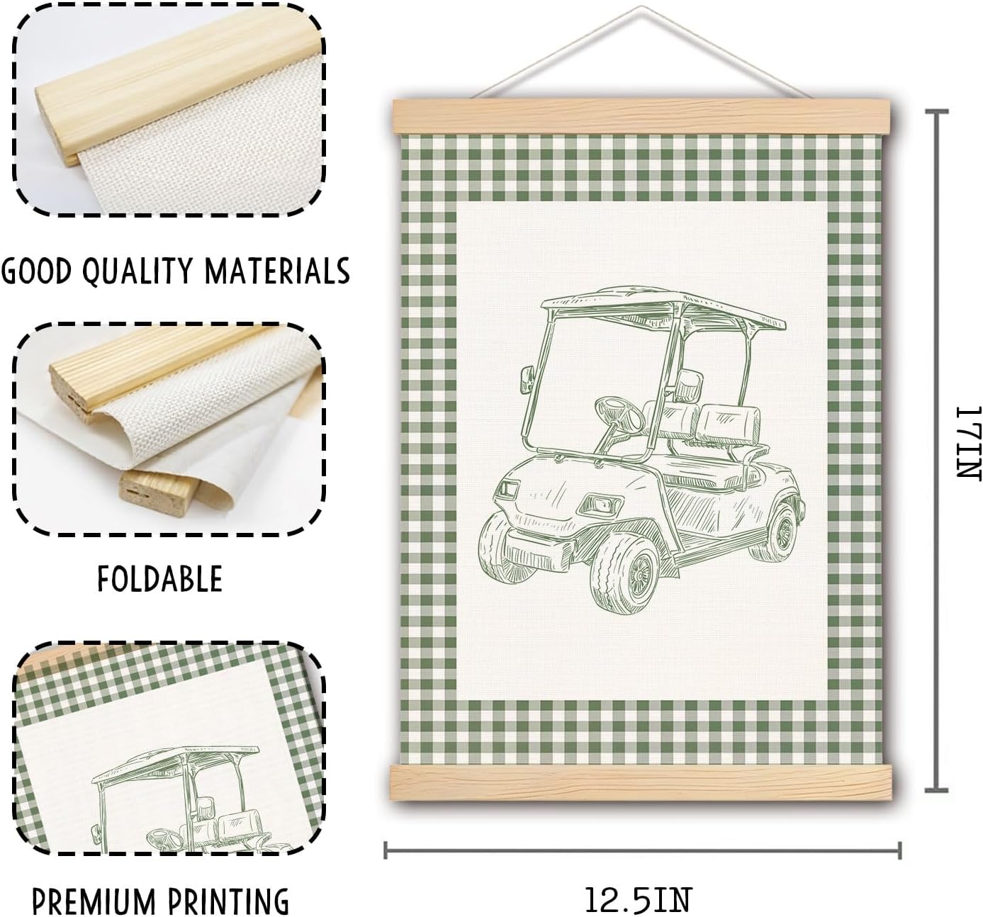 DNEULYR Sage Green Checkered Golf Wall Art Poster, Golf Nursery Wall Decor, Retro Golfing Golfer Poster Hanger Frame for Kids Boys Room Bedroom Nursery Playroom, 12x16 Inches Set of 2