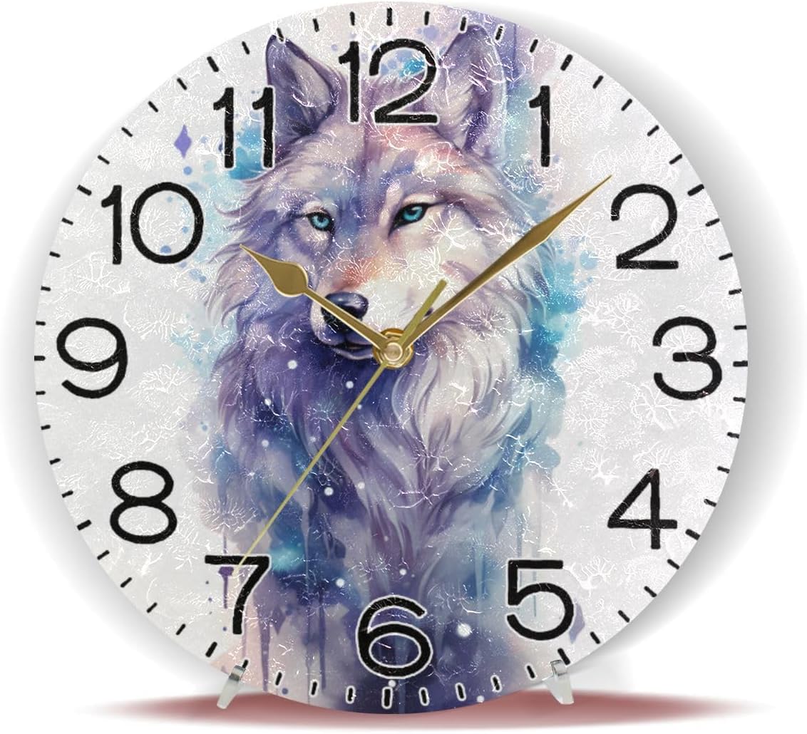 Beautiful Painting Wolf Wall Clock Battery Operated Non Ticking Silent Quartz Analog Rustic Farmhouse Round Clock Retro Decor for Home Kitchen Living Room Bathroom