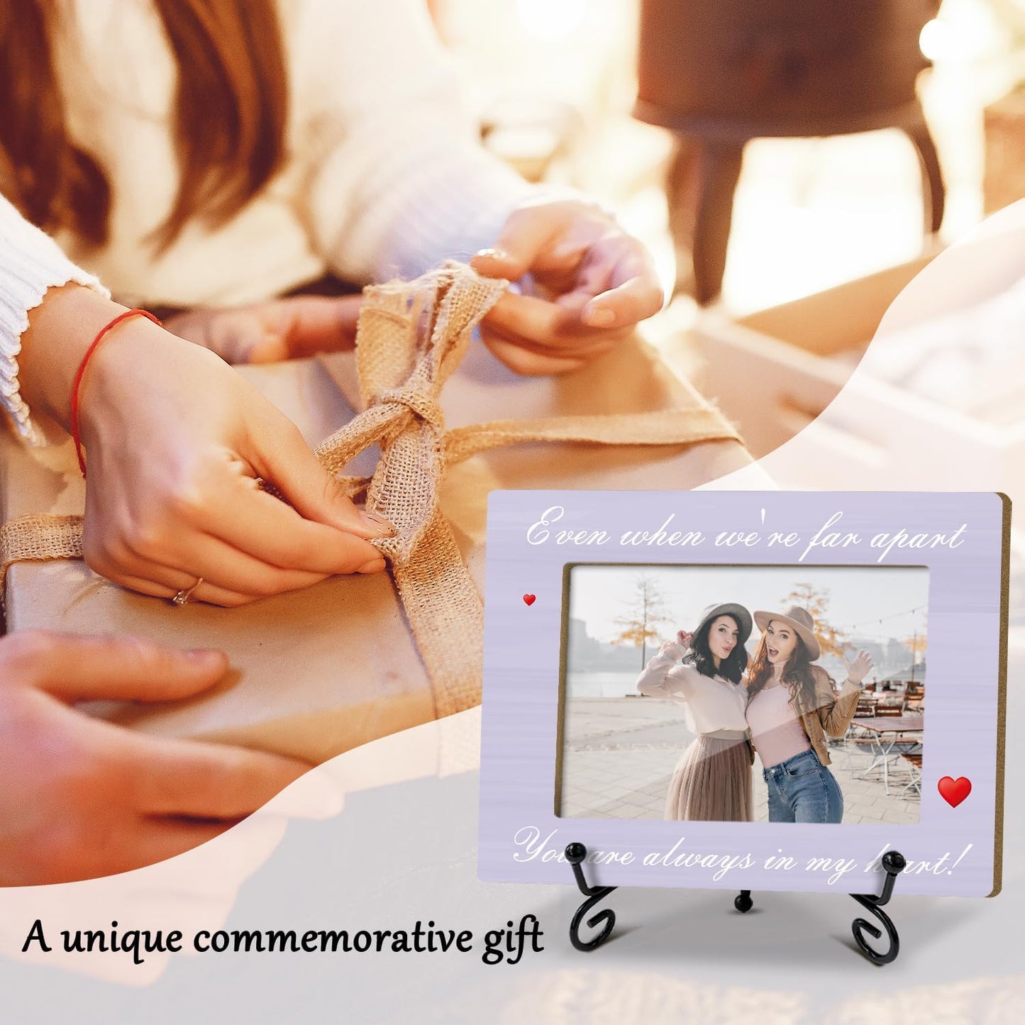 Memorial Gifts Picture Frame, Wooden Photo Frame with Stand, Even When We're far Apart You are Always in My Heart, Home Office Desk Decor Photo Frame Tabletop Display -xk29