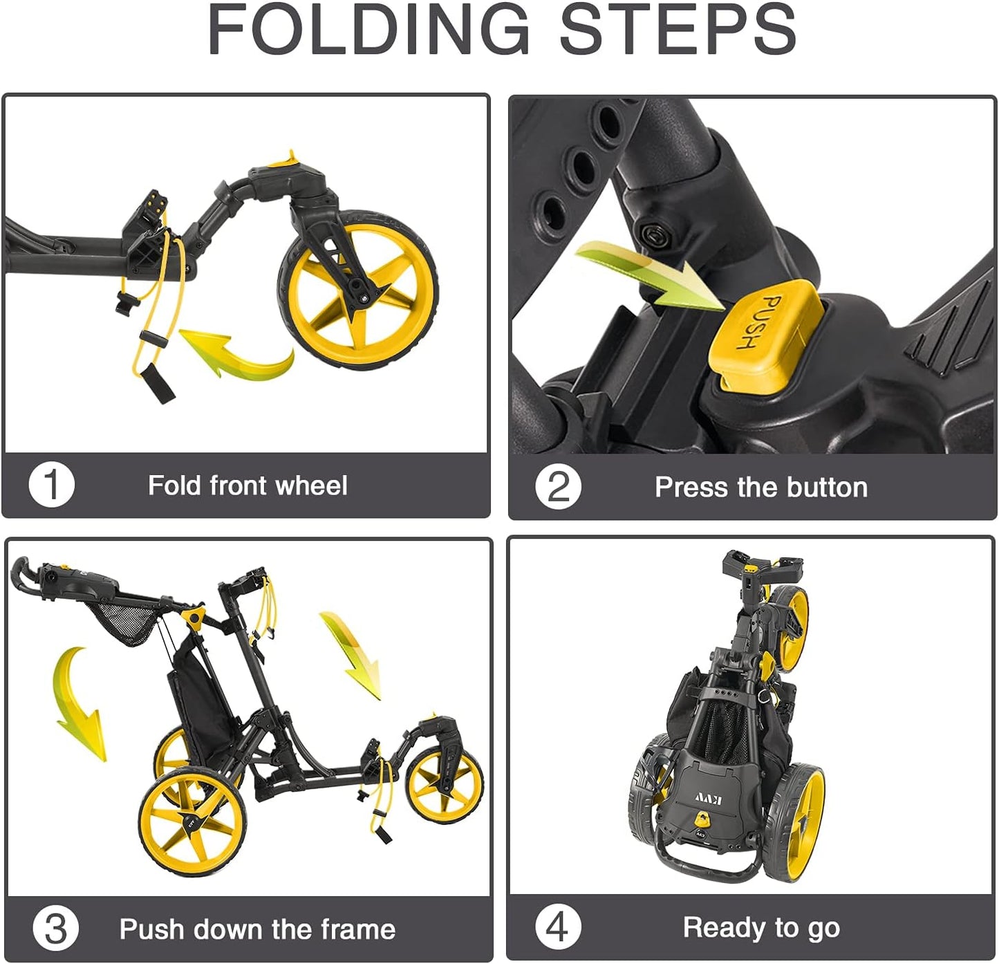 KVV 3 Wheel 360 Rotating Front Wheel Golf Push Cart Open and Close in ONE Second-Free Umbrella Holder Included