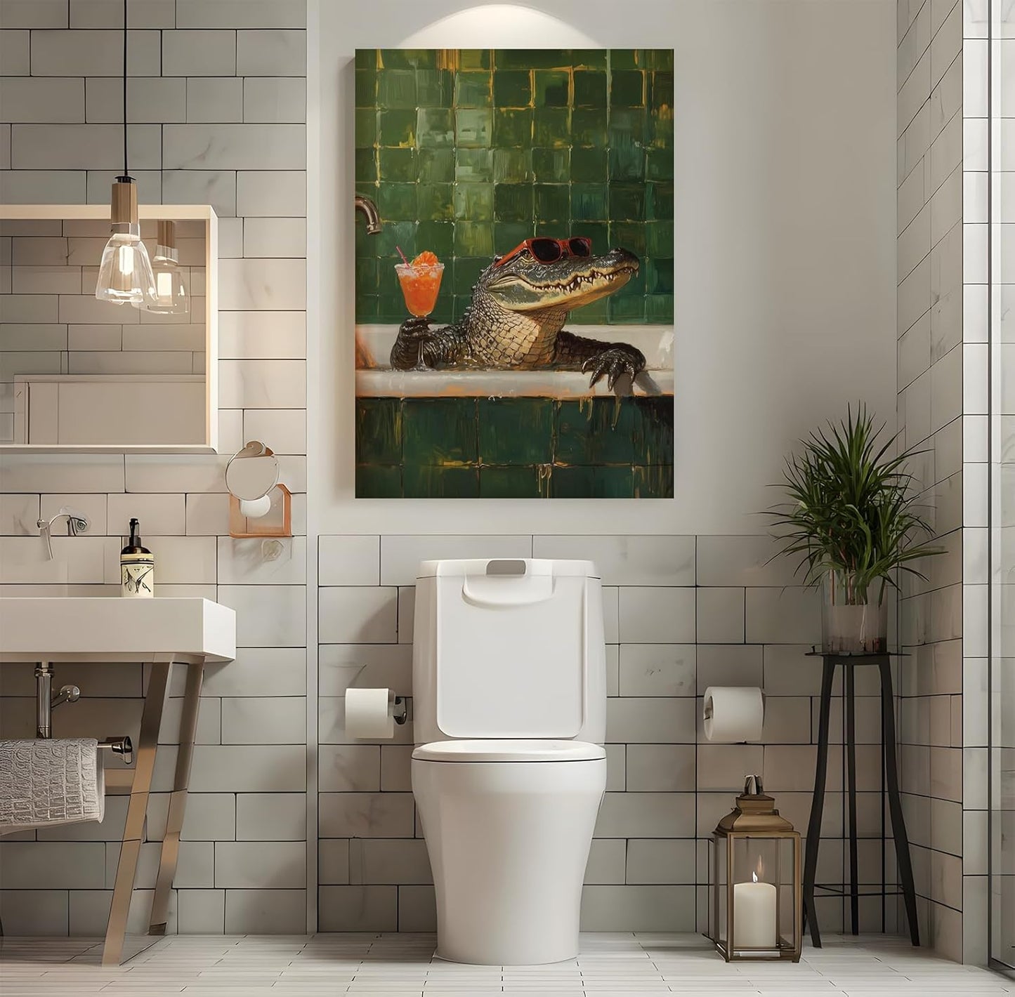 Animal Bathroom Wall Art Funny Crocodile Painting Picture Wall Decor Crocodile Sitting in The Bathtub Drinking Cocktails Poster Print Artwork for Toilet Bathroom 12x16 Inch Framed