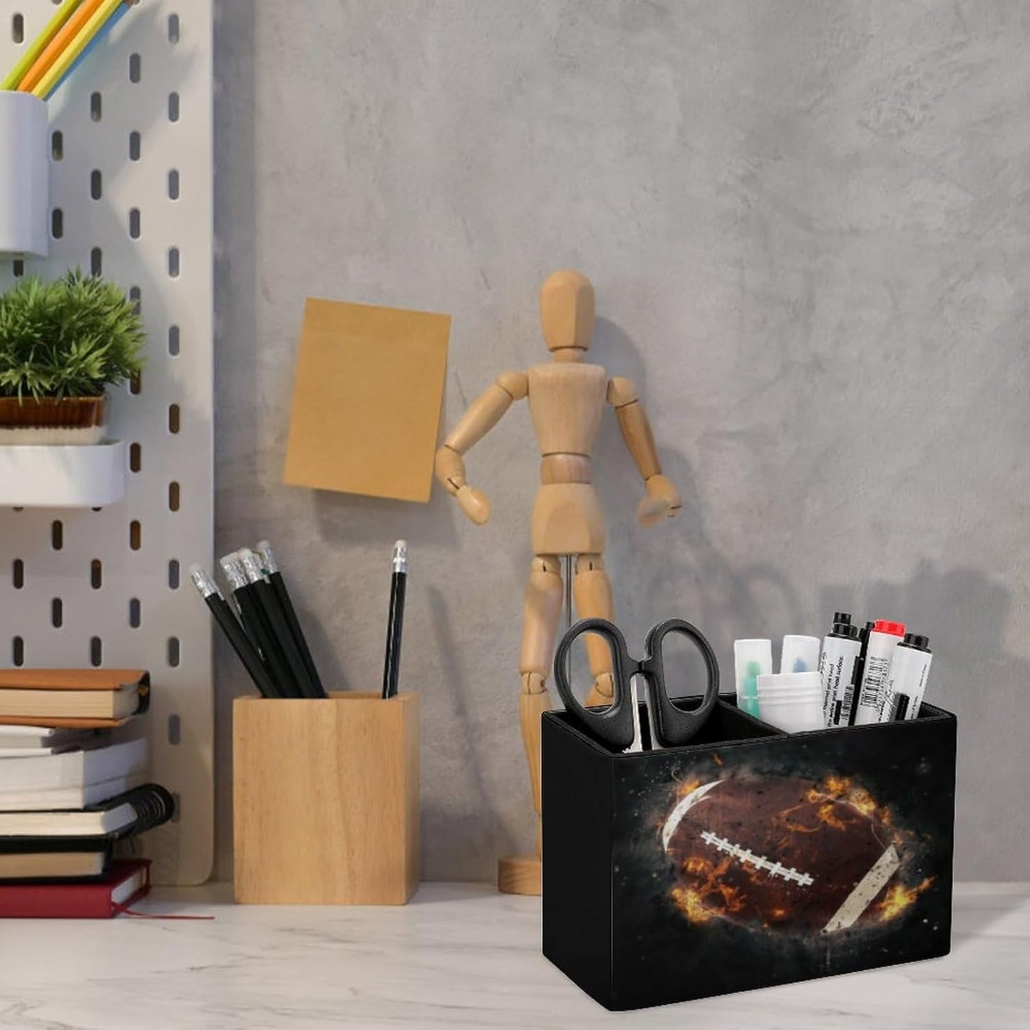 Pen Holder, Pencil Holder for Desk Organizer, America Football Fire PU Leather Pencil Cups Desktop Stationery Storage Makeup Brush Holder Pen Organizer for Office Home