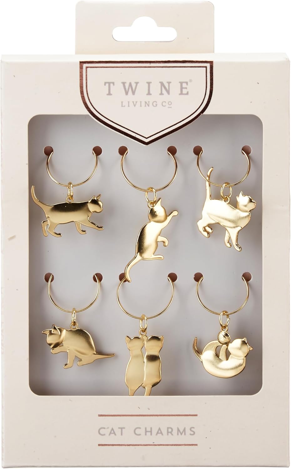 Twine Cat Lovers Wine Charm Rings with Six Unique Designs, Glass Charms for Stem Glasses, Drink Markers, Wedding, Anniversary, Birthday Party, Gold