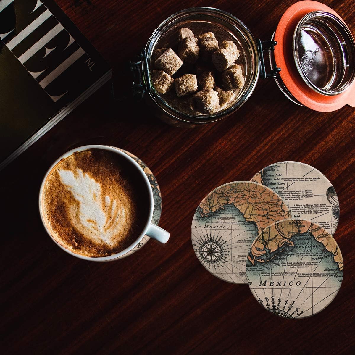 Darate Absorbent Coasters with Holder Set of 8, Coasters for Drinks, Unique Housewarming Gift, 4 Inch Round Coaster for Bedroom, Home, Office, Bar, Dining Room, Living Room, Kitchen (Nautical Chart)