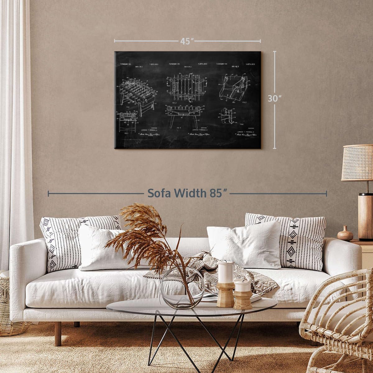 ElephantStock Soccer Table BW Patent Wall Art - Horizontal Wrapped Canvas - 1-Piece Living Room Wall Decor - Soccer Digital Art Canvas Print - Black and White Decor - 45" X 30"