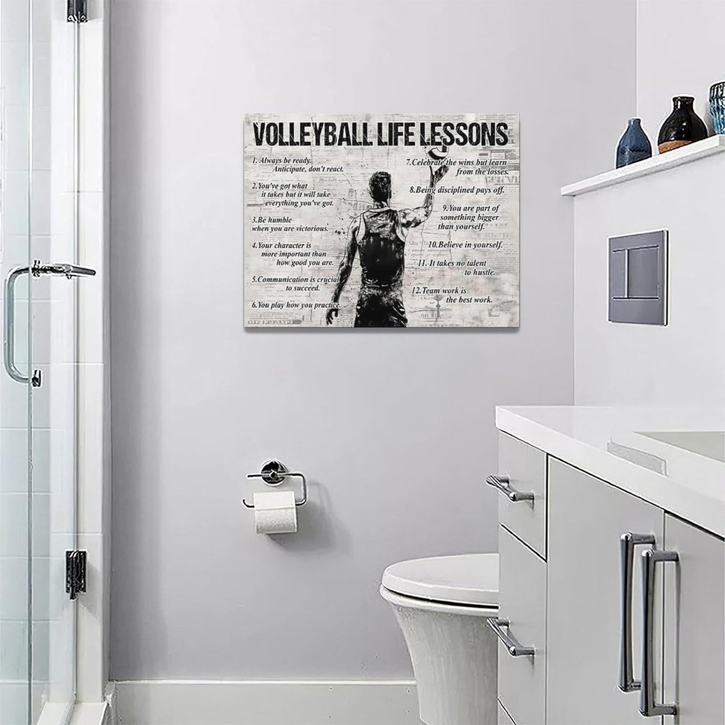 Volleyball Sports Wall Art Volleyball Life Lessons Wall Decor Volleyball Sign Retro Poster Boy Men Room Motivational Decorations Canvas Print Painting Artwork for Bedroom Bathroom Living Room 16"x12"