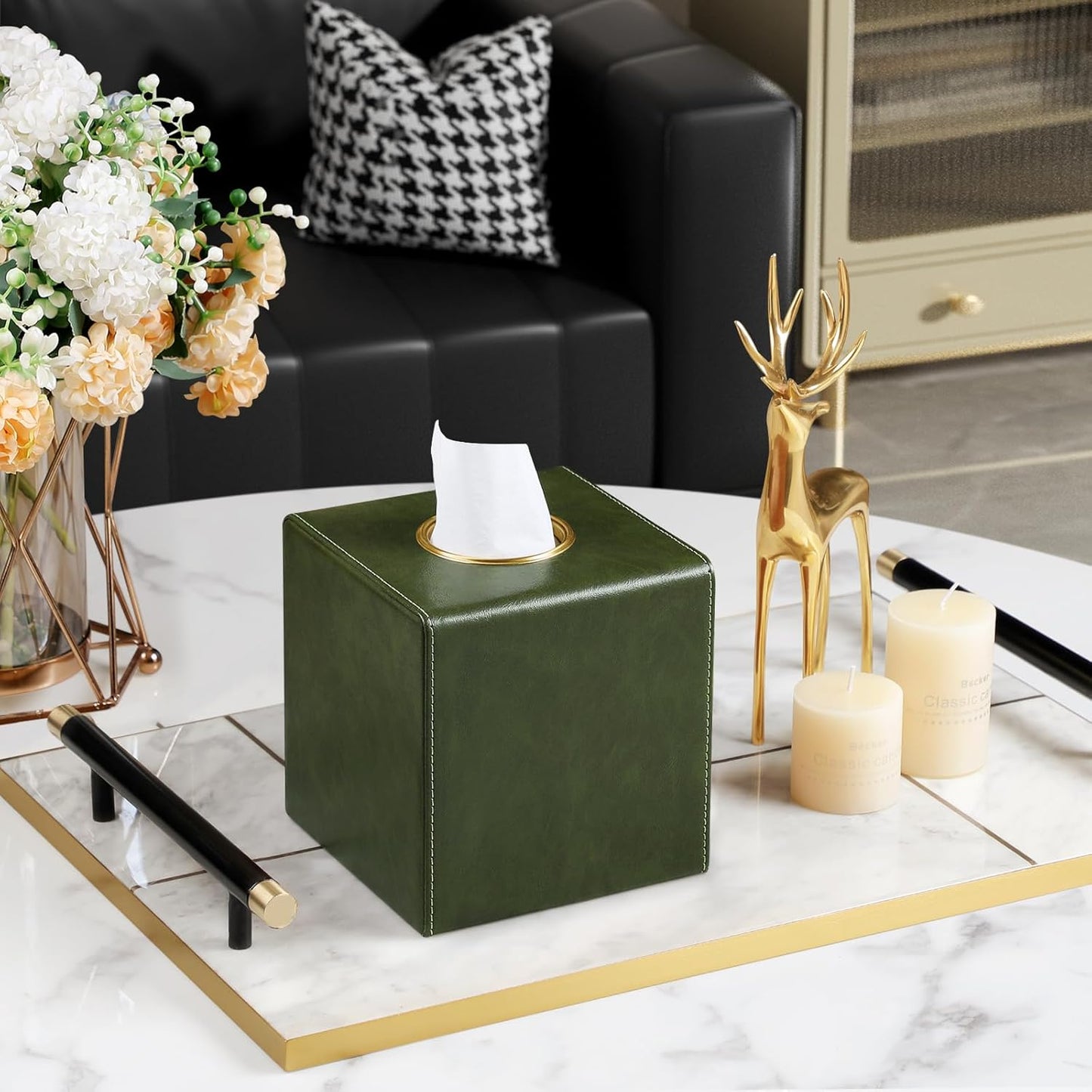 Square Tissue Box Cover, Luxury PU Leather Tissue Holder with Magnetic Closure (Dark Green)