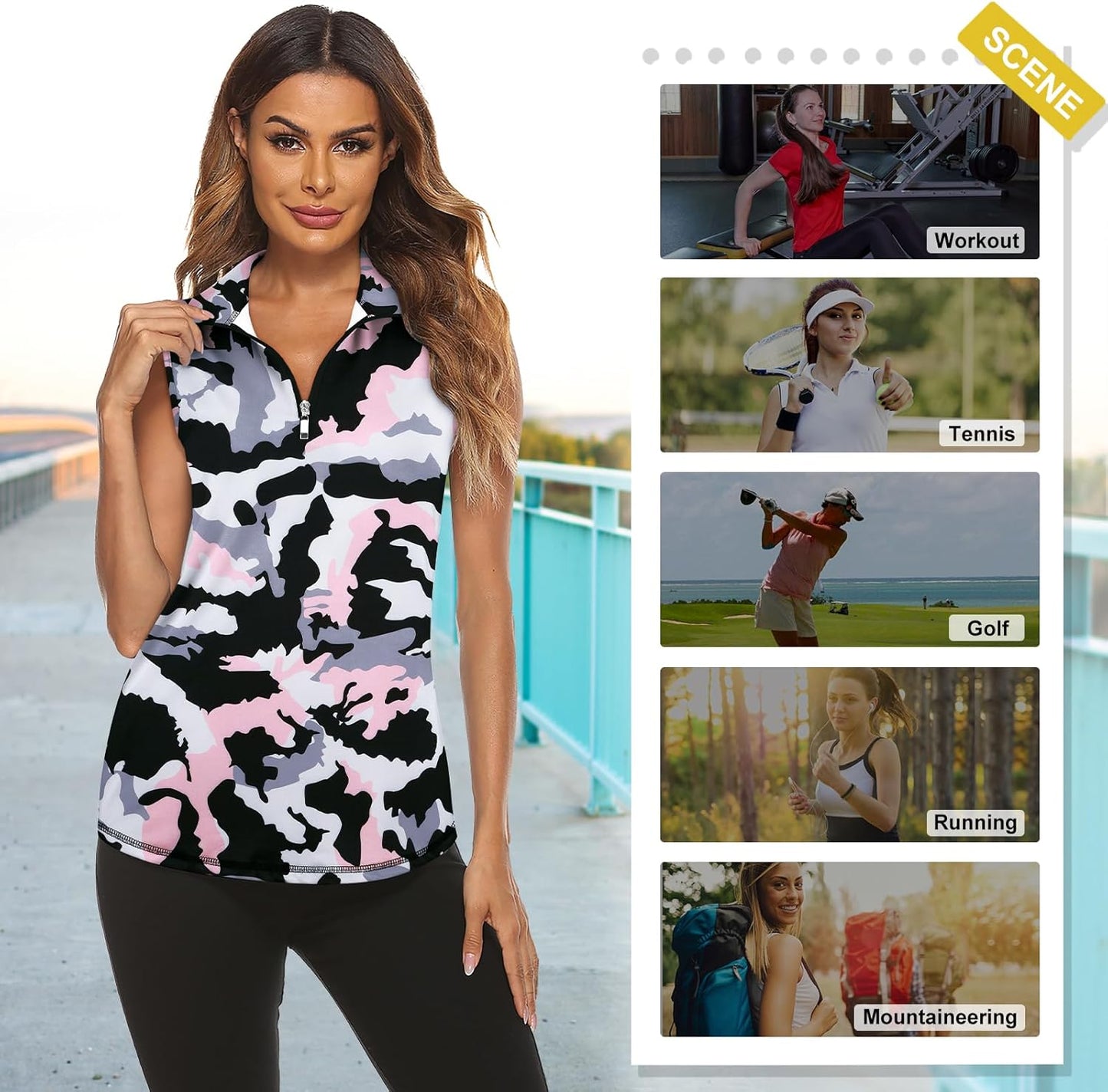 Koscacy Women's Sleeveless Golf Tennis Polo Shirts Zip Up Dry Fit Workout Tank Tops Athletic Shirt