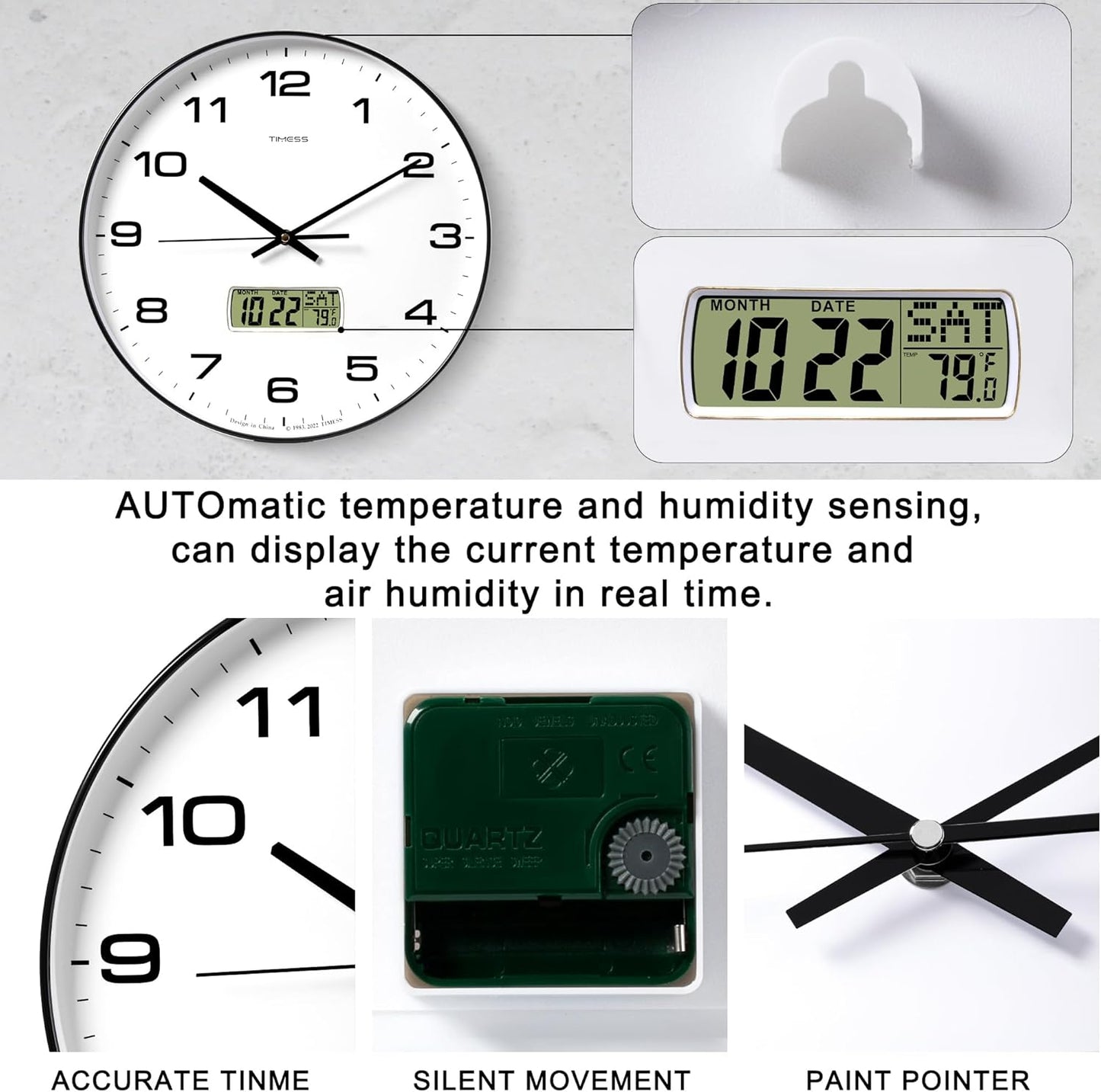 Wall Clock, 14" Large Dial Non-Ticking Silent Battery Operated Analog with LCD Display for Perpetual Calendar and F° Temperature, Ideal Modern Home, Bedroom, Office Decor (Black)