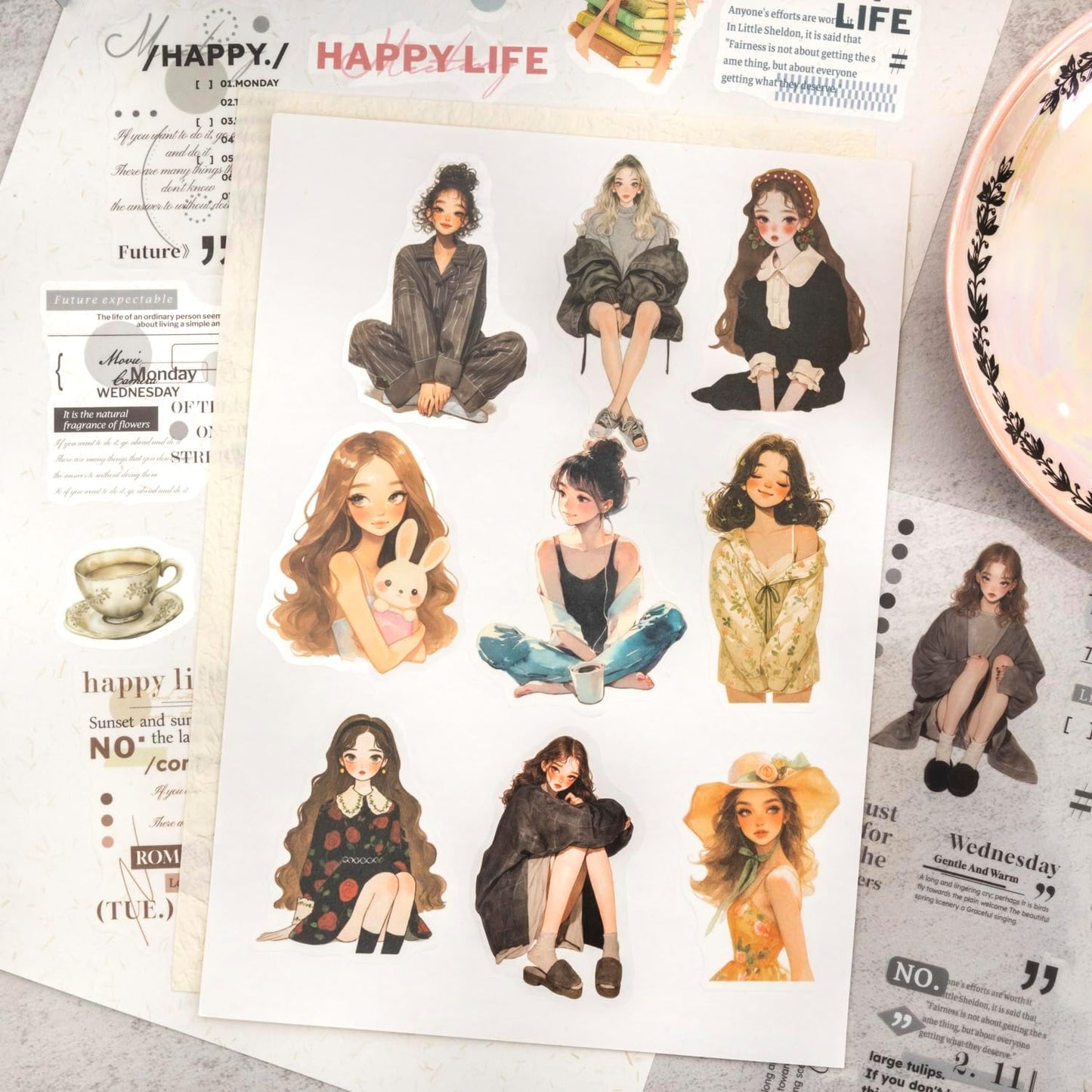 Girl's Diary Pre-Cut Sticker Book Set, 60 Pages of PET & Washi Ephemera for Scrapbooking, Journaling, DIY Crafting, and Art Supplies