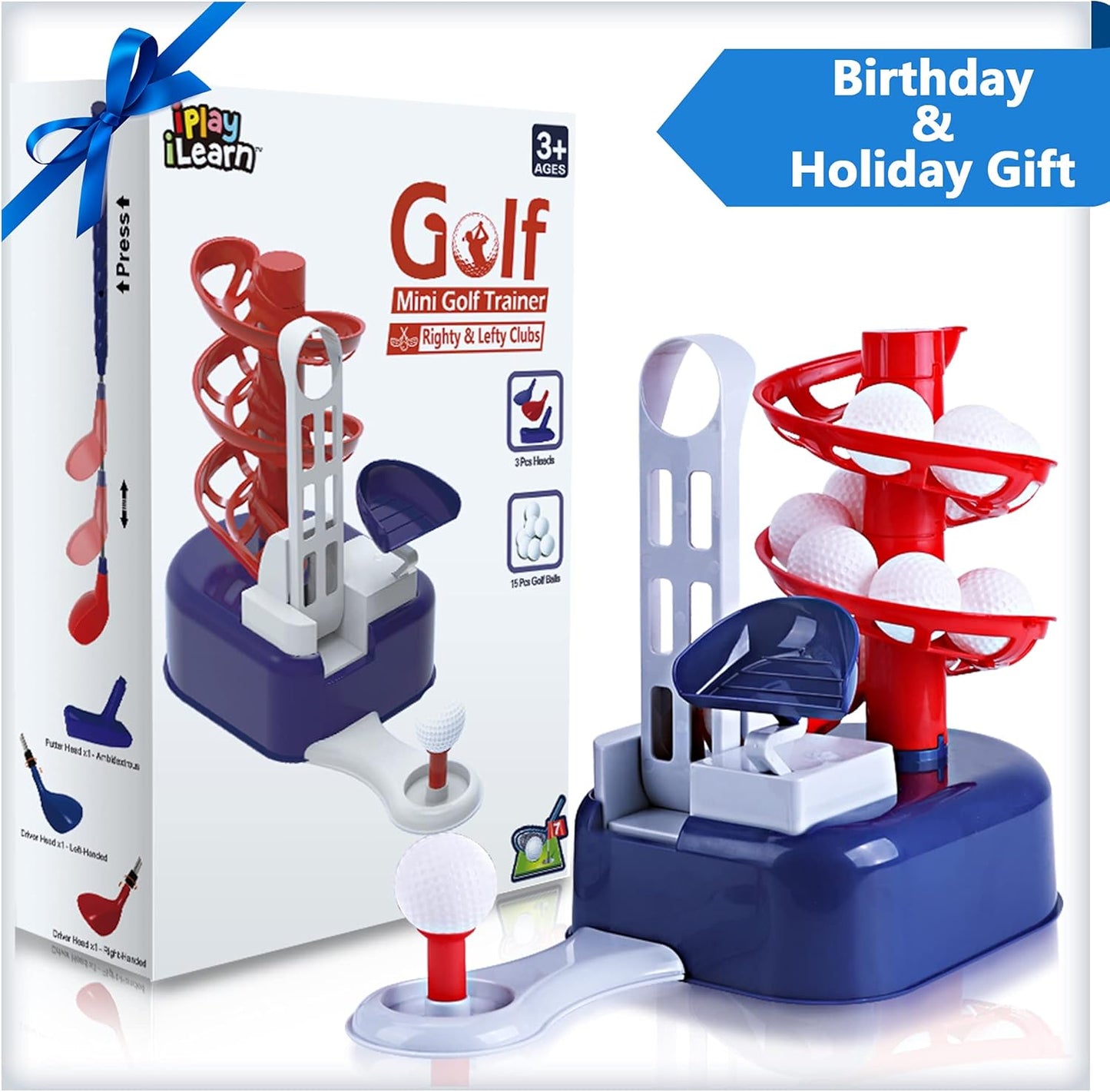 iPlay, iLearn Kids Blue Golf Toy Set W/Left & Right Club Head, Boy Outdoor Sport Toy Age 3-5, Toddler Indoor Golf Ball Game, Child Active Exercise Yard Play, Birthday Gifts for 4 6 7 8 Year Olds Girl