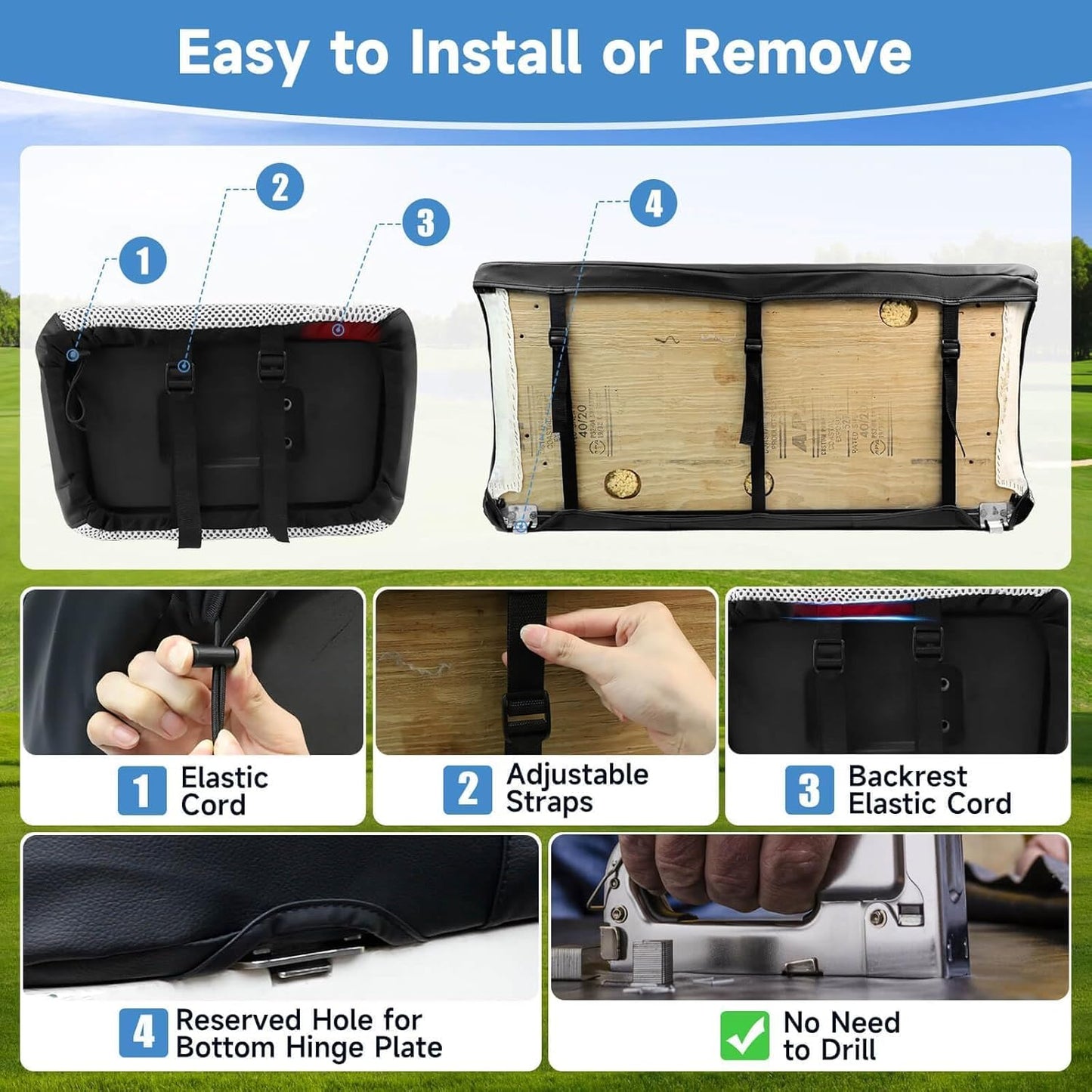 Club Car DS Pre-2000 Seat Cover, Golf Cart Seat Covers for Club Car DS 1982-2000 OEM Ordinary Seat, Breathable Polyester Mesh Cloth and Leather Combination Appearance, No Need Detaching Armrests