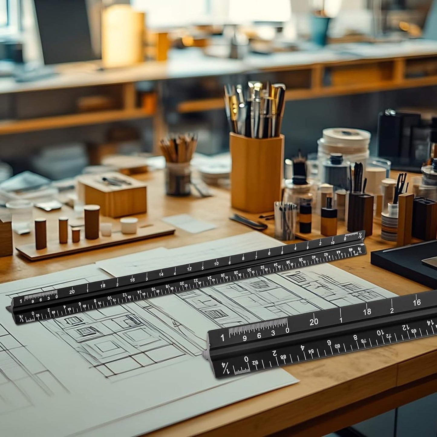 Architectural Scale Ruler, Imperial Measurements 12'', Laser-Etched Aluminum Architect Triangular Ruler Black for Architects, Students, Draftsman, and Engineers by mveohos