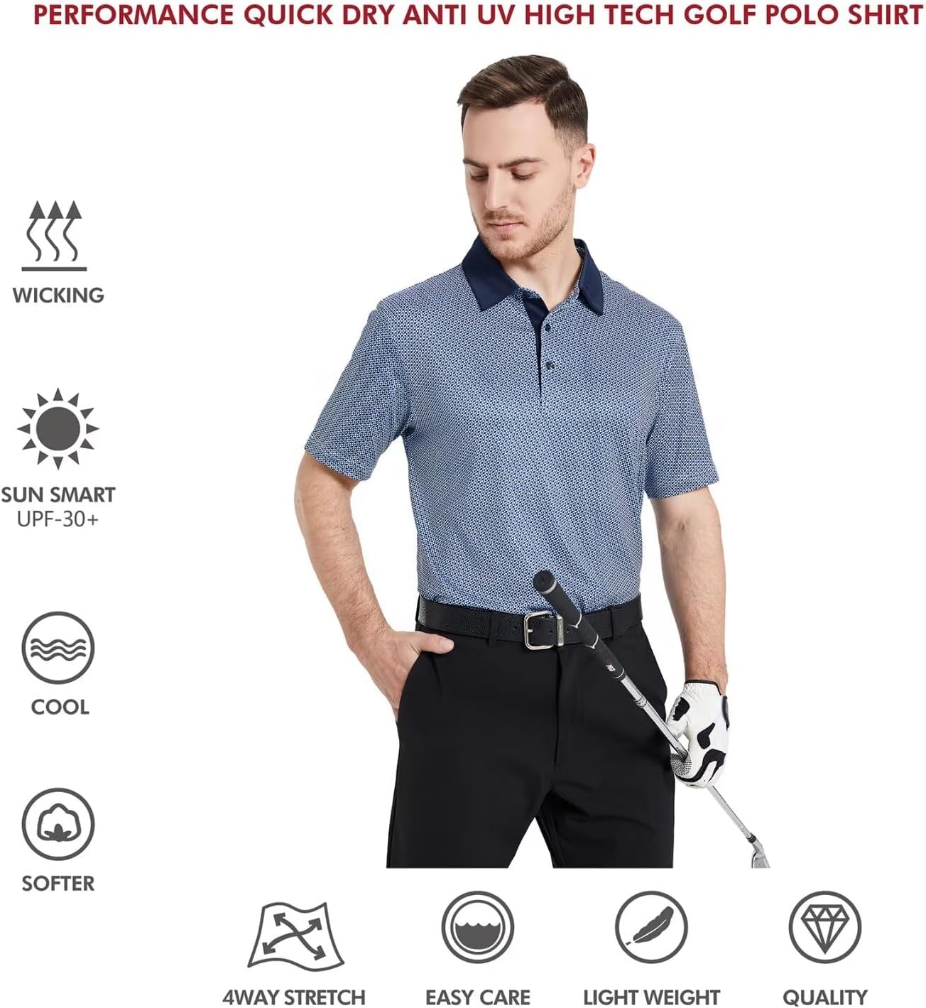 Golf Shirts for Men Dry Fit Short Sleeve Print Performance Moisture Wicking Polo Shirt