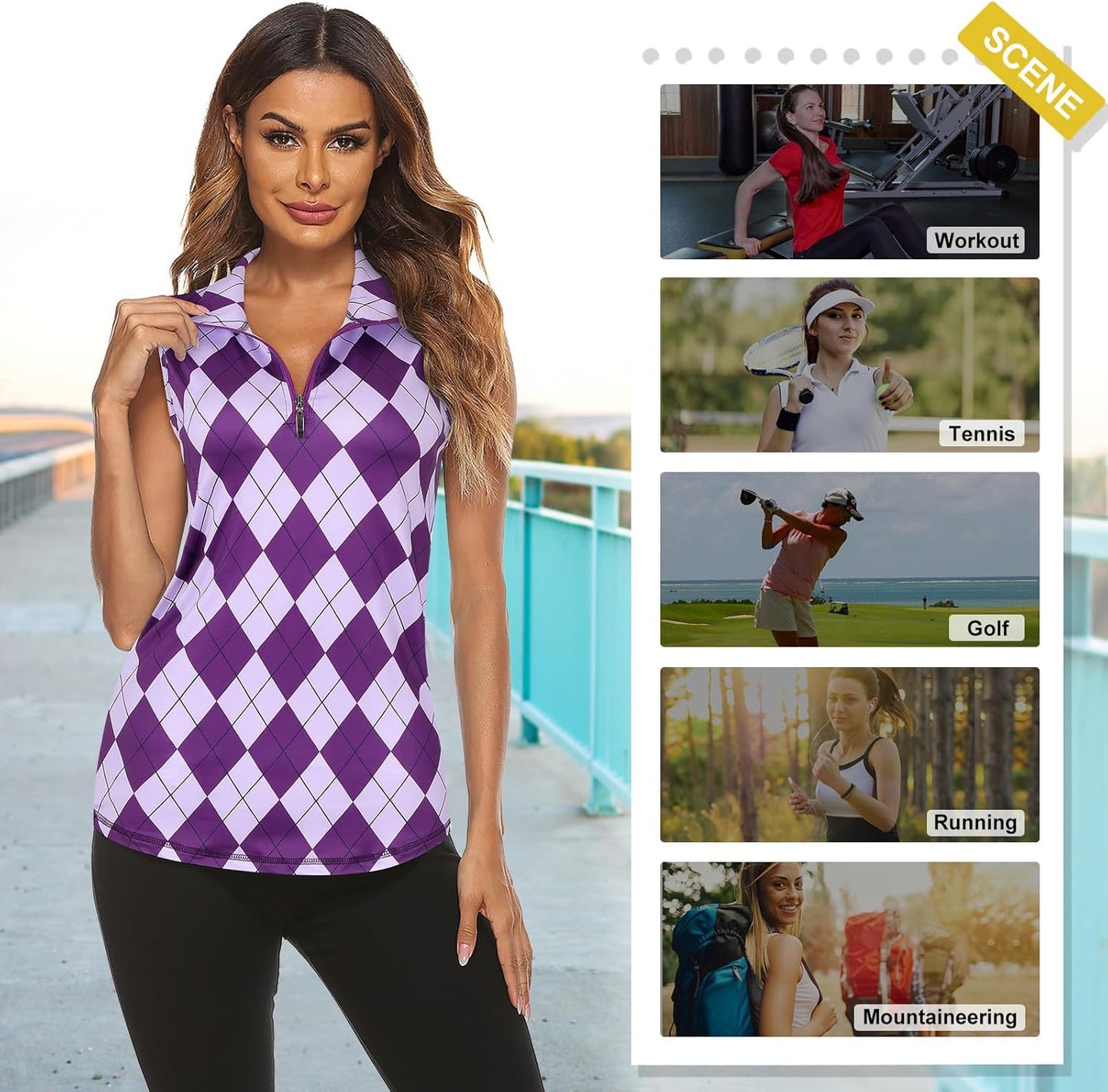 Koscacy Women's Sleeveless Golf Tennis Polo Shirts Zip Up Dry Fit Workout Tank Tops Athletic Shirt