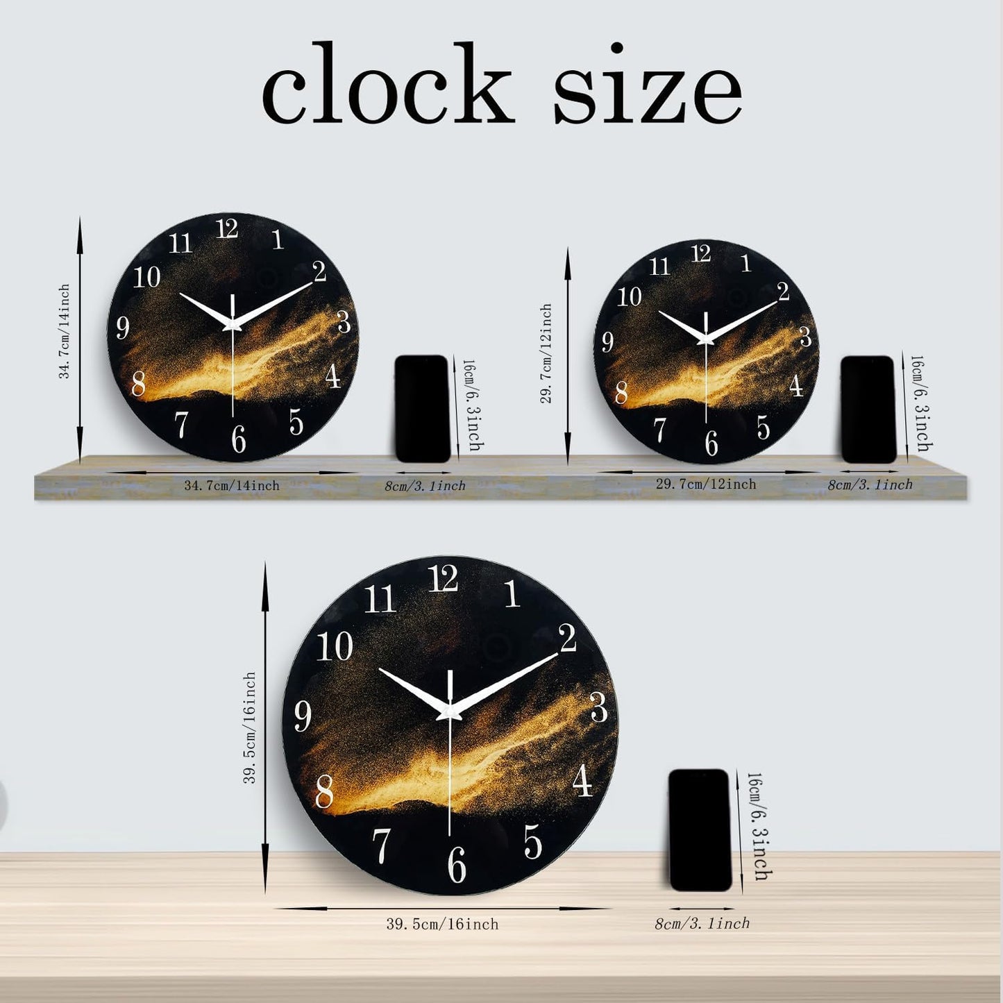 Black and Gold Modern Wall Clocks Battery Operated 12 Inch Silent Wall Clock Non Ticking Glass Wall Clock for Living Room