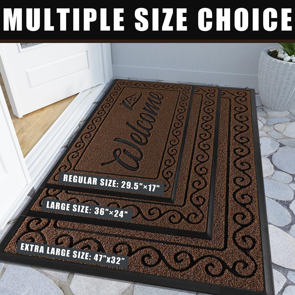 Yimobra Welcome Mat, Heavy Duty Sturdy Door Mats for Home Entrance Outdoor Indoor, Front Doormat for Outside Patio Floor Entry Porch Garage Office, Waterproof, Low Profile, 36x24, Coffee