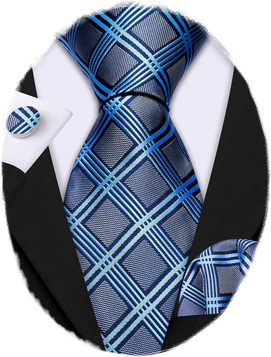 Barry.Wang Designer Classic Ties for Men Set Formal Pocket Square Cufflink Check Plaid