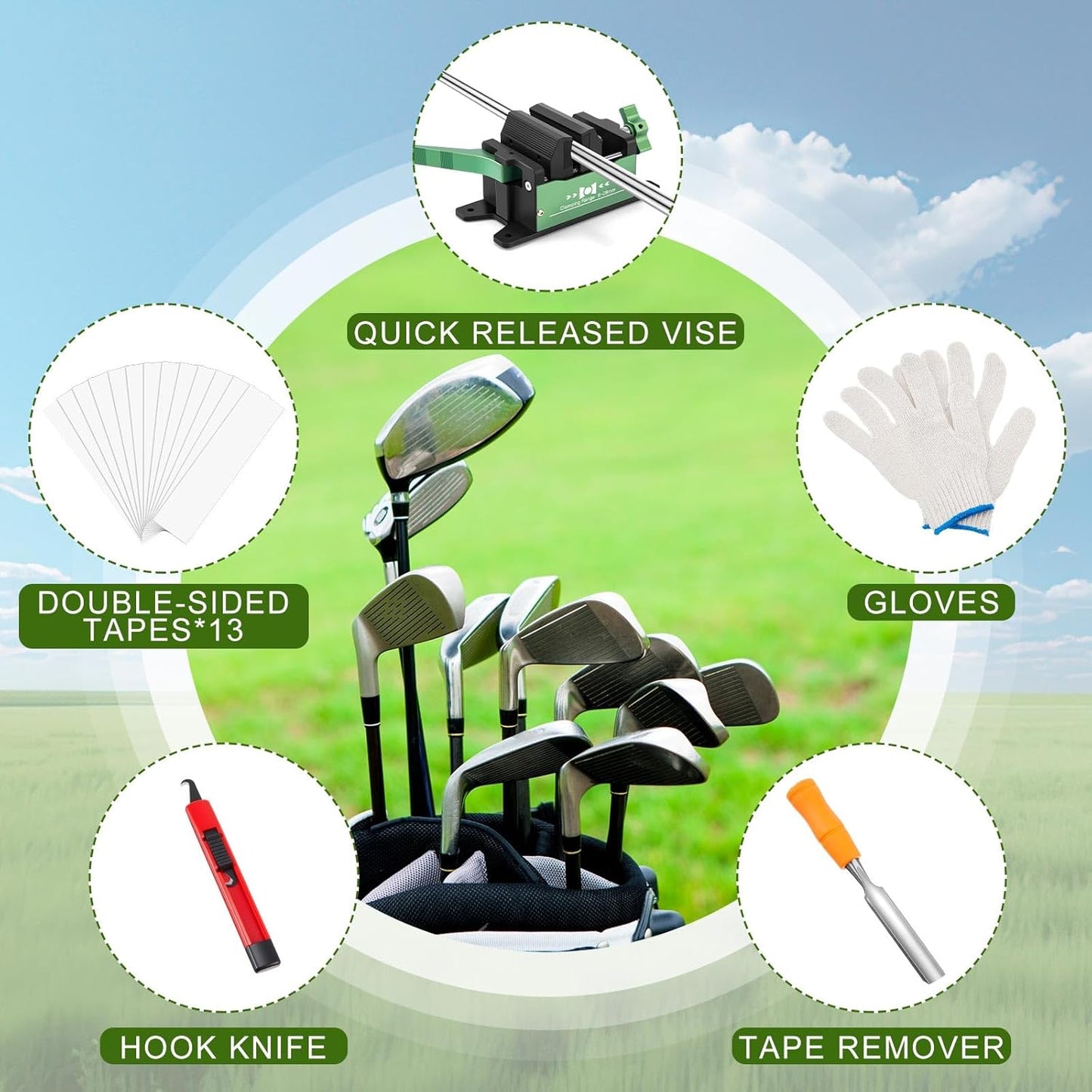 Soulchen Golf Club Vise Clamp Kit Golf Regripping Kit with Quick Release Vise Clamp Tapes Strips Tape Remover and 13 Pcs Double Sided Tapes for Home Travel Removal Tool, Solvent Not Included