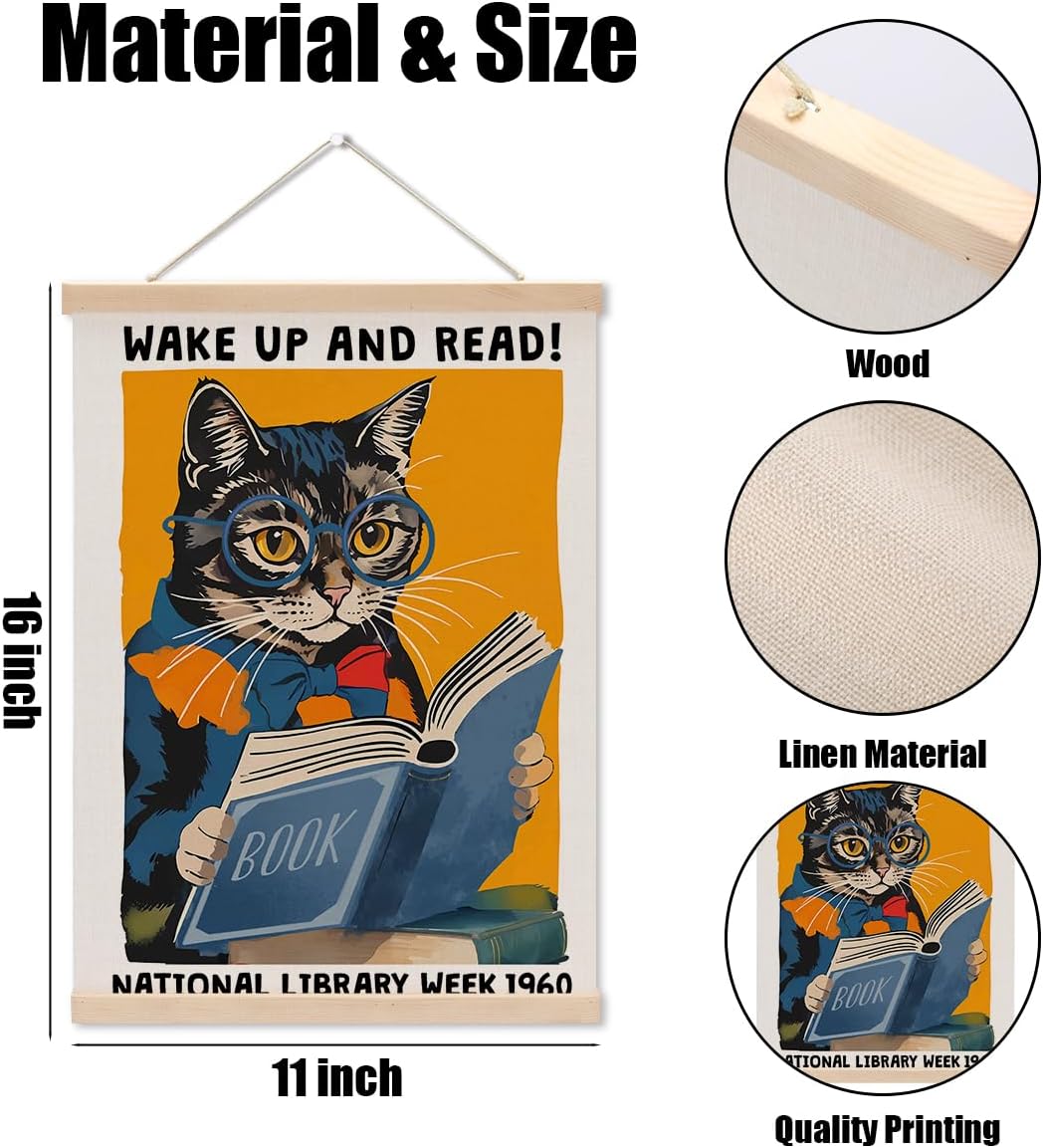Funny Reading Cat Poster Hanger, Reading Nook Library Decor Wall Decor, Educational Posters Wall Art Wall Hanging Banner Farmhouse Classroom Bedroom Reading Room Apartment Home Decor