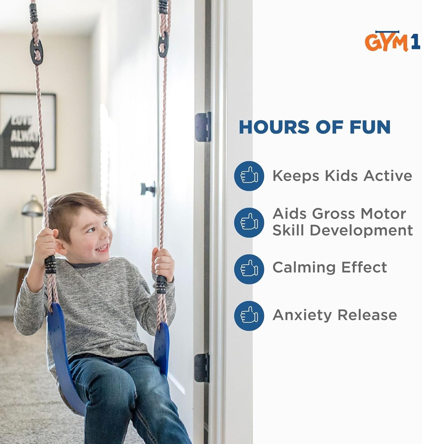 Gym1 Doorway Swing & Pull-Up Bar Gym - Pull-Up Bar Strength Training & Kids Exercise Equipment - Sensory Swing & Rope Ladder Indoor Playset - Indoor Playground for Kids - 2-Piece, Blue