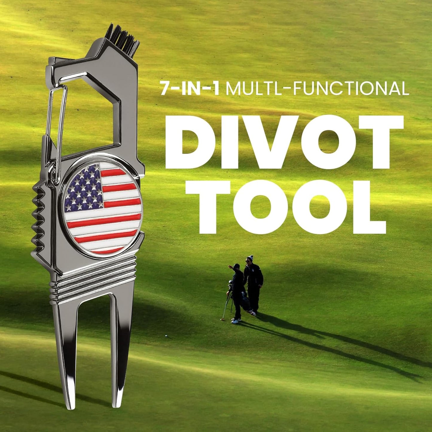 7-in-1 Golf Divot Tool with Ball Marker Value 2 Pack, Green Repair Tool Multi-Use Fixer for Pitch Mark with Clip, Premium Golf Accessories for Men Ladies