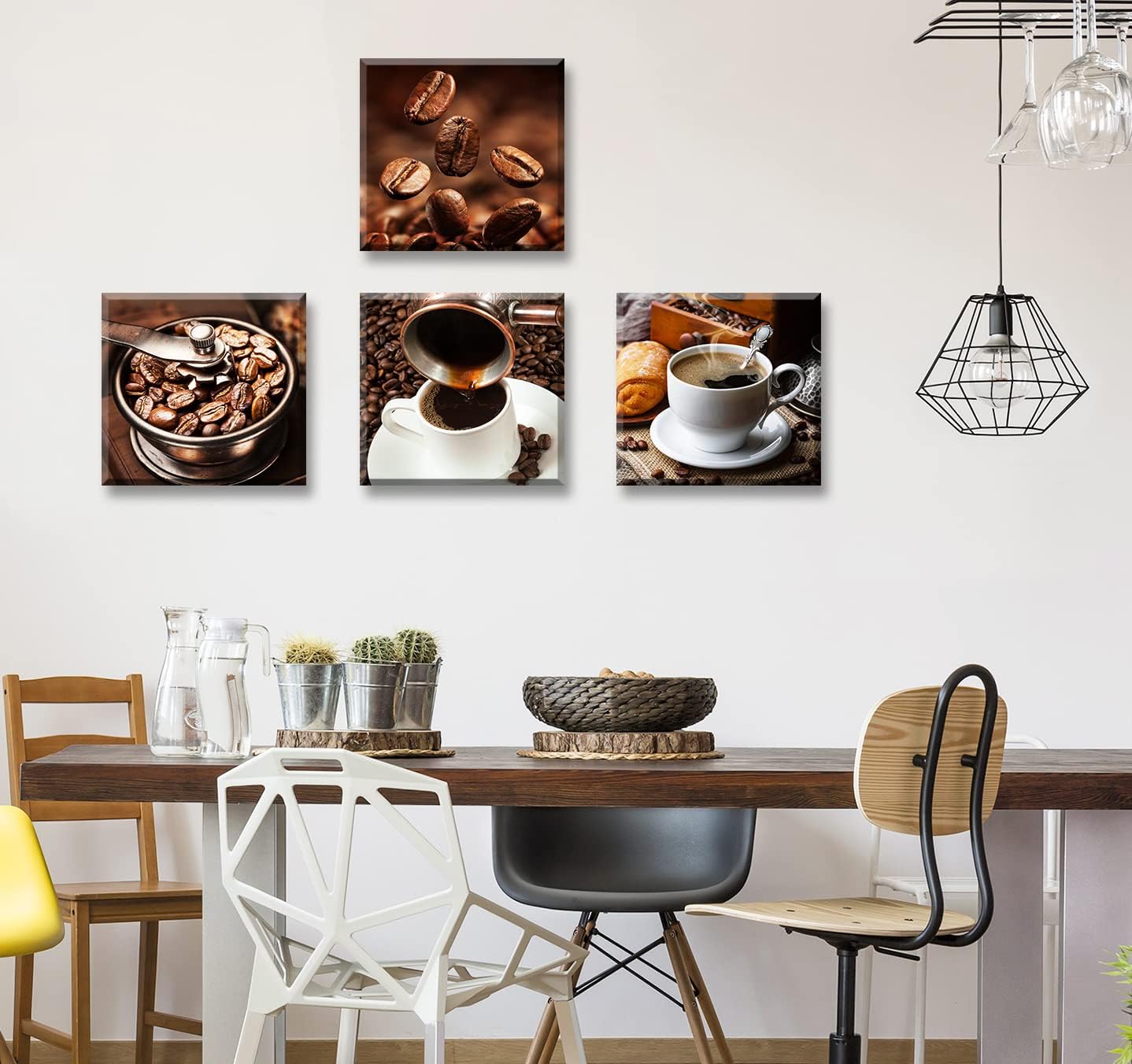 Kitchen Wall Art Coffee Decor Canvas Prints Coffee Cup Latte Mocha Cafe Drinking Pictures Brown 4 Panel Modern Artwork for Dining Room Restaurant Bar Decorations 12"Wx12"Hx4 Framed Ready to Hang