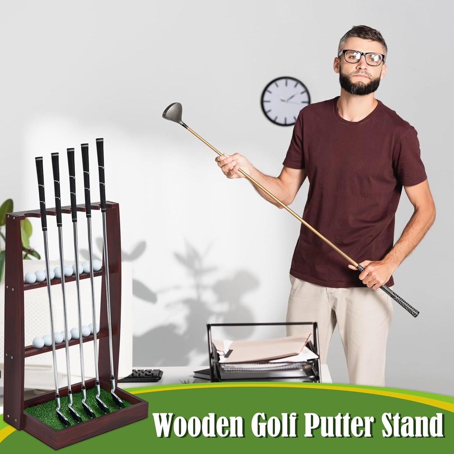 Lenwen Golf Putter Stand Wooden Display Rack Golf Club Holder Stand, Brown Golf Club Organizer for Storage Sports Indoor Home Garage