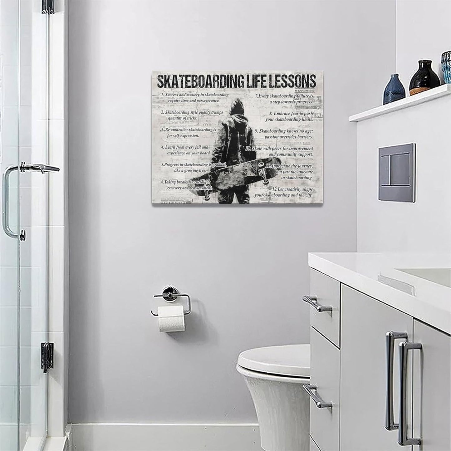 Skateboarding Sports Wall Art Skateboarding Life Lessons Wall Decor Skateboard Sign Retro Poster Boy Men Motivational Decorations Canvas Print Painting Artwork for Bedroom Living Room Gym 16"x12"