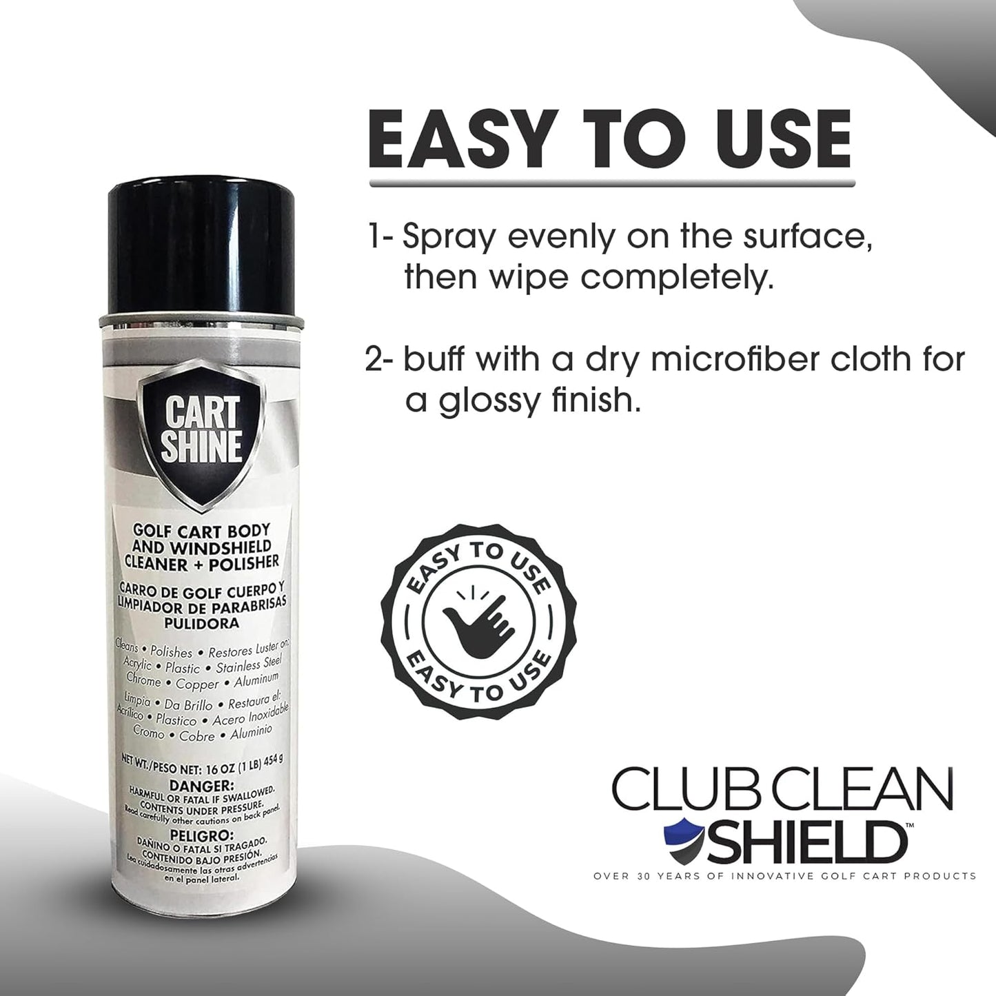 Club Clean Cart Shine, Golf Cart Body Windshield Cleaner Plus Polisher - Hard Water Shield, Removes Hard Water Stains - Battery Acid Shield, Grease Spray, Lubricates & Rust Proofs - Trim & Tire Shield
