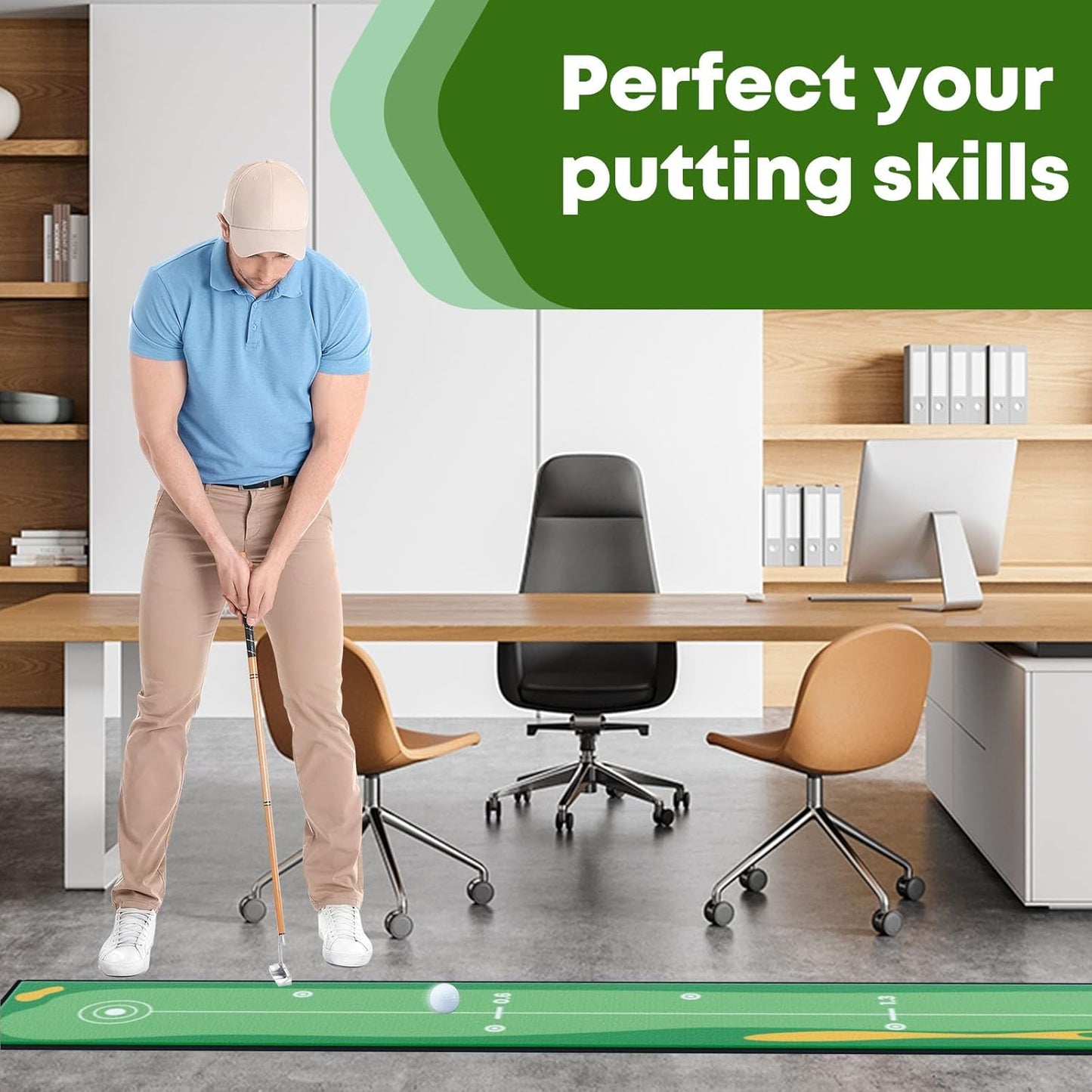 Golf Putting Mat Indoor & Outdoor Professional Practice Putting Green Mat with Distance Marker Anti Slip Backing Golf Accessories Portable Training Matt
